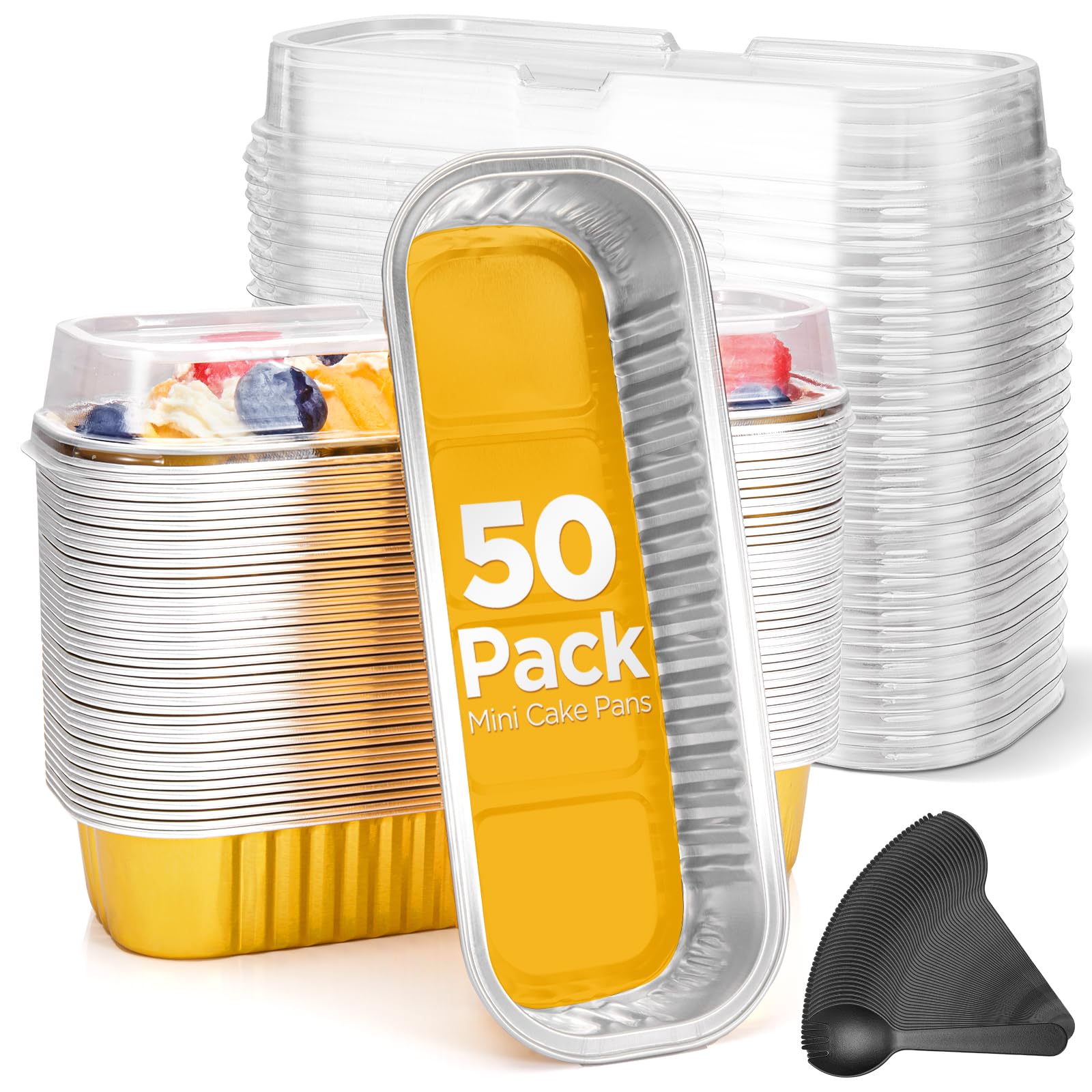 Mini Cake Pans 50 Packs with Lids and Spoons,Rectangle Aluminum Foil Loaf Baking Pans Tins Containers,Cupcake Containers Wrappers Cheesecake Creme Brulee Ramekins-6.8 Oz (Gold, 50 Packs)