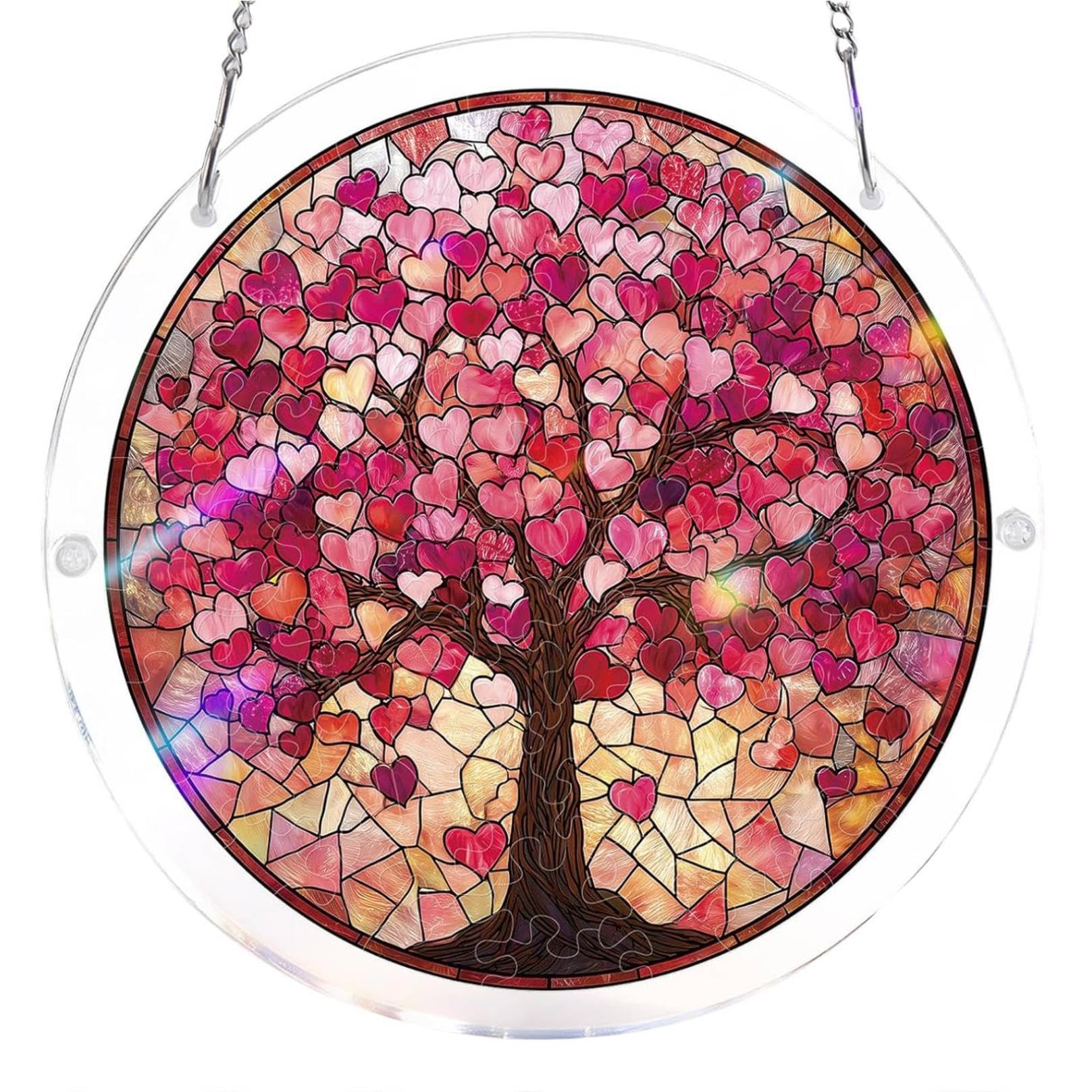 Acrylic Puzzles Suncatcher, Unique Branches of Love Acrylic Sun Catcher Puzzle Kit, Tree of Radiant Glass Puzzle for Doors Garden and Window Hanging (Pink)