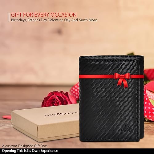 Miniatura 4 de Cartera de cuero RFID hecha a mano para hombres, elegante cartera de bolsillo frontal triple con 2 ranuras para identificación y 9 tarjetas, Negro