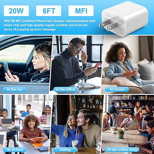 Miniatura 6 de Cargador rápido USB C de 20 W, paquete de 3 bloques de cargador de pared tipo C con cable Lightning tipo C de 6 pies de largo, compatible con iPhone