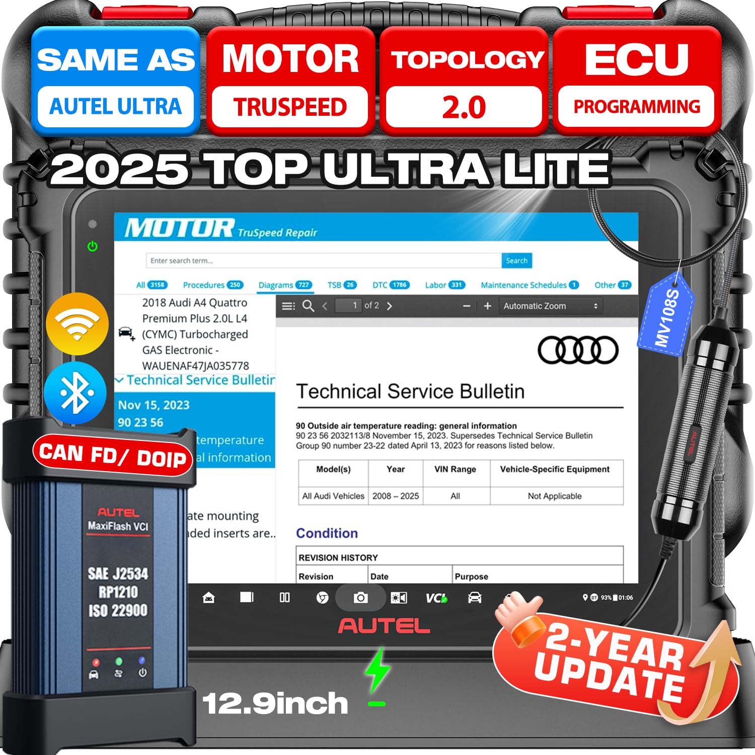 Autel Scanner MaxiCOM Ultra Lite, Same as MaxiSys Ultra Up of MS919/ MS909/ Elite II Pro, 2 Years Update ($2590), Motor TruSpeed & Topology 2.0, J2534 ECU Programming/Coding, 40+ Reset CAN FD DoIP