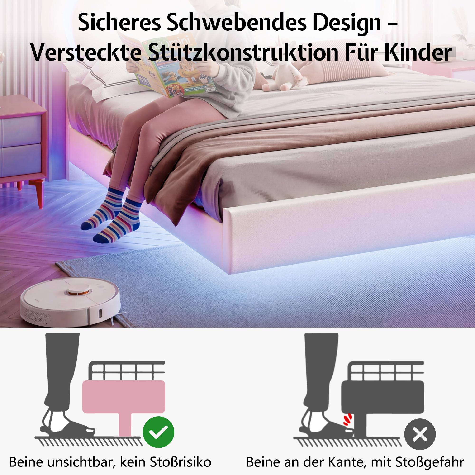 LUXOAK Hasen Kinderbett 140x200cm mit LED-Lichtern, Leder Polsterbett Weiß | Wolken-Kopfteil mit Hasenohren | höhenverstellbar + steuerbare LED | sicheres schwebendes Design | bis 360kg belastbar
