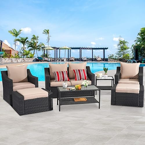 EMKK 8 Pieces Outdoor Sectional Patio Furniture Conversation Sofa Set for Backyard, Porch w/Thick Cushions,Tempered Glass Table, Black+Gray