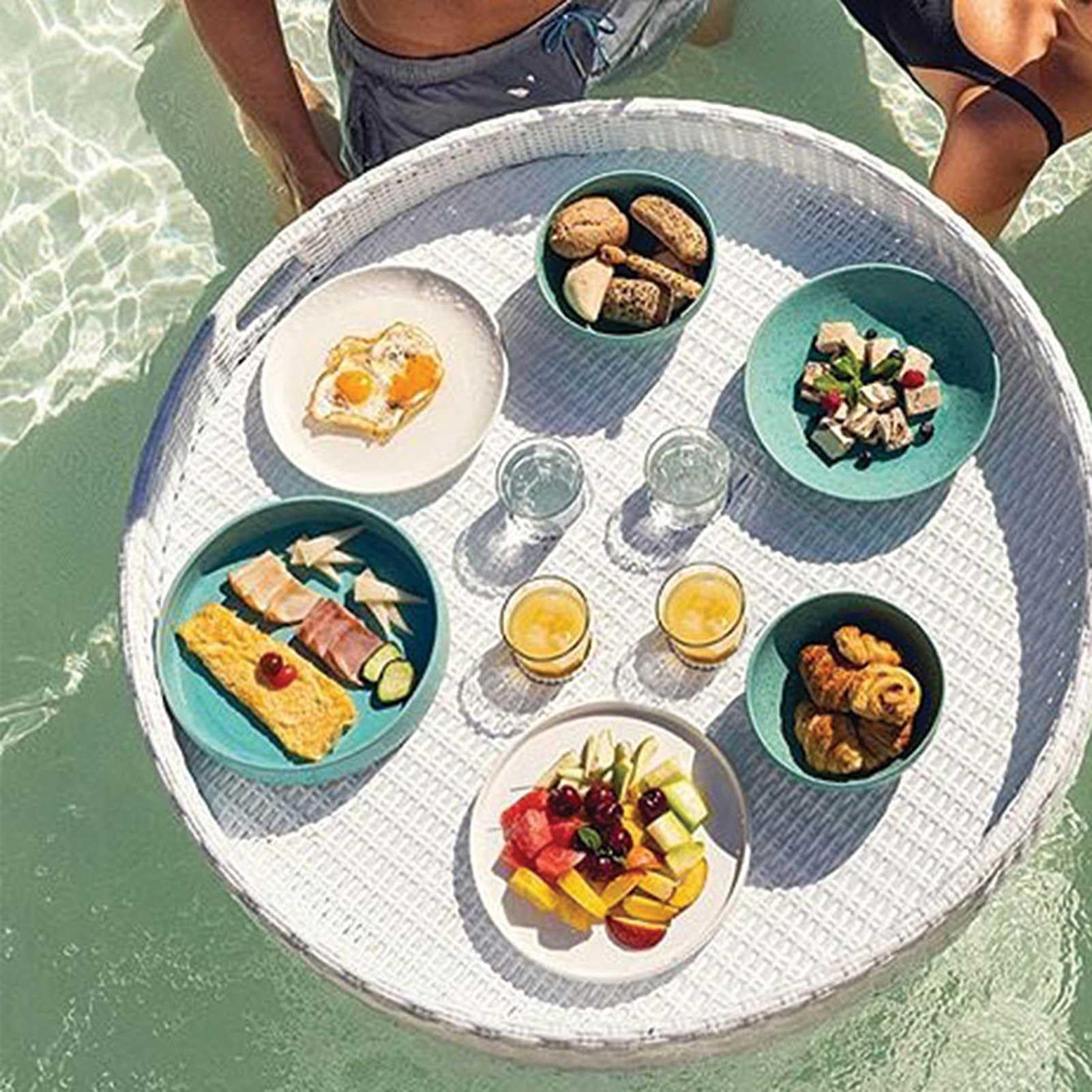 DFGHNBVC Floating Pool Tray Floating Serving Tray Table Bar Round Rattan Floating Breakfast Tray With Handles,White-80Cm