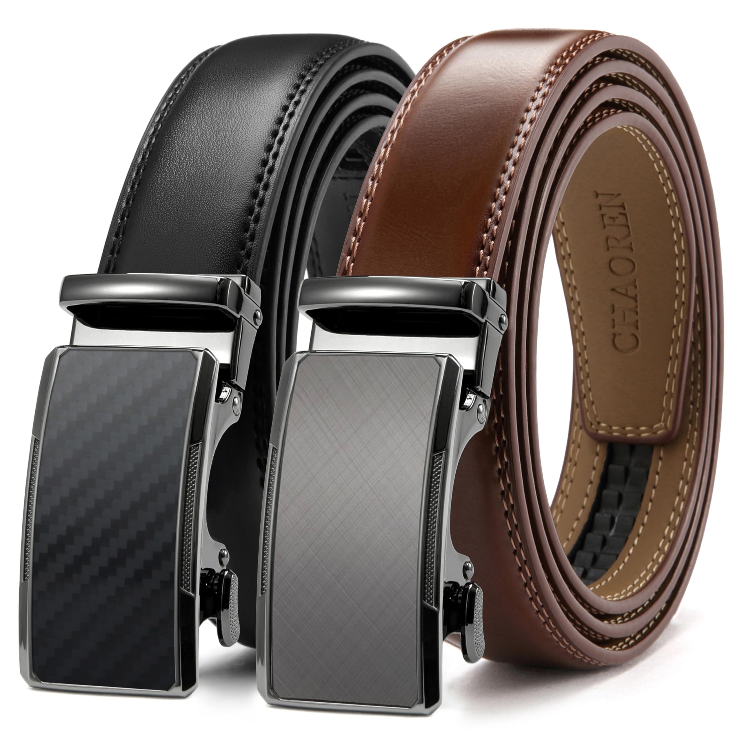 Mens Dress Belt Leather 2 Pack - Mens Ratchet Belt for Dress Shirt and Pants Every Occasion (32mm)