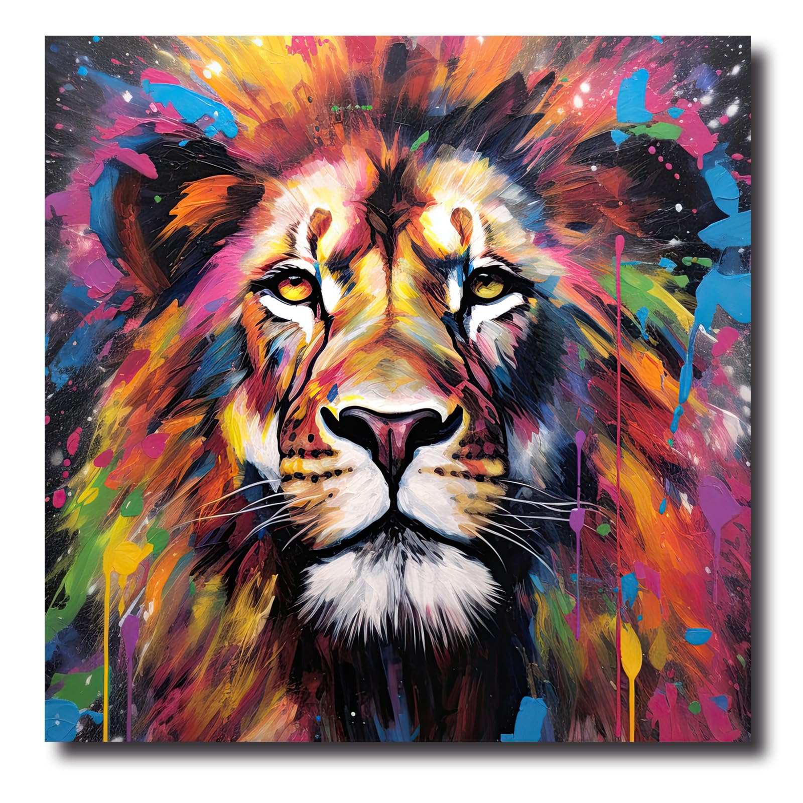 LZIMU Löwen Leinwand Bilder bunte Löwenkopf Poster Drucke abstrakte Tiergemälde für Kinderzimmer Kinderzimmer Gerahmt (Bild-1, (60.00 x 60.00 cms))