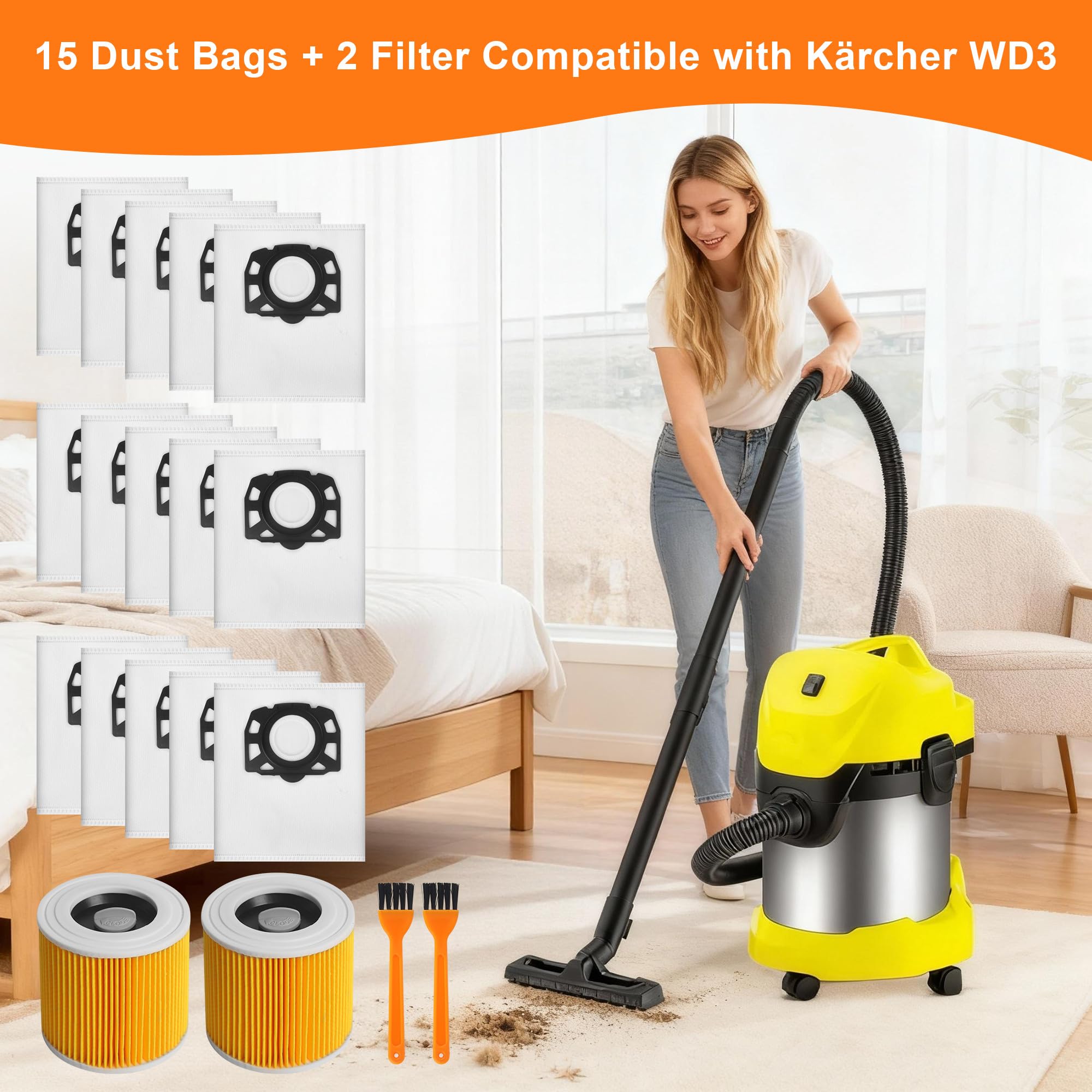 15 pezzi per Kärcher KFI 357 Sacchetti per Aspirapolvere +2 Filtri +2 Spazzole per Filtri Ricambi per Kärcher WD2 Plus, WD2, WD3, SE4002, SE4001 KWD1-3 WD3.200, 2.863-314.0