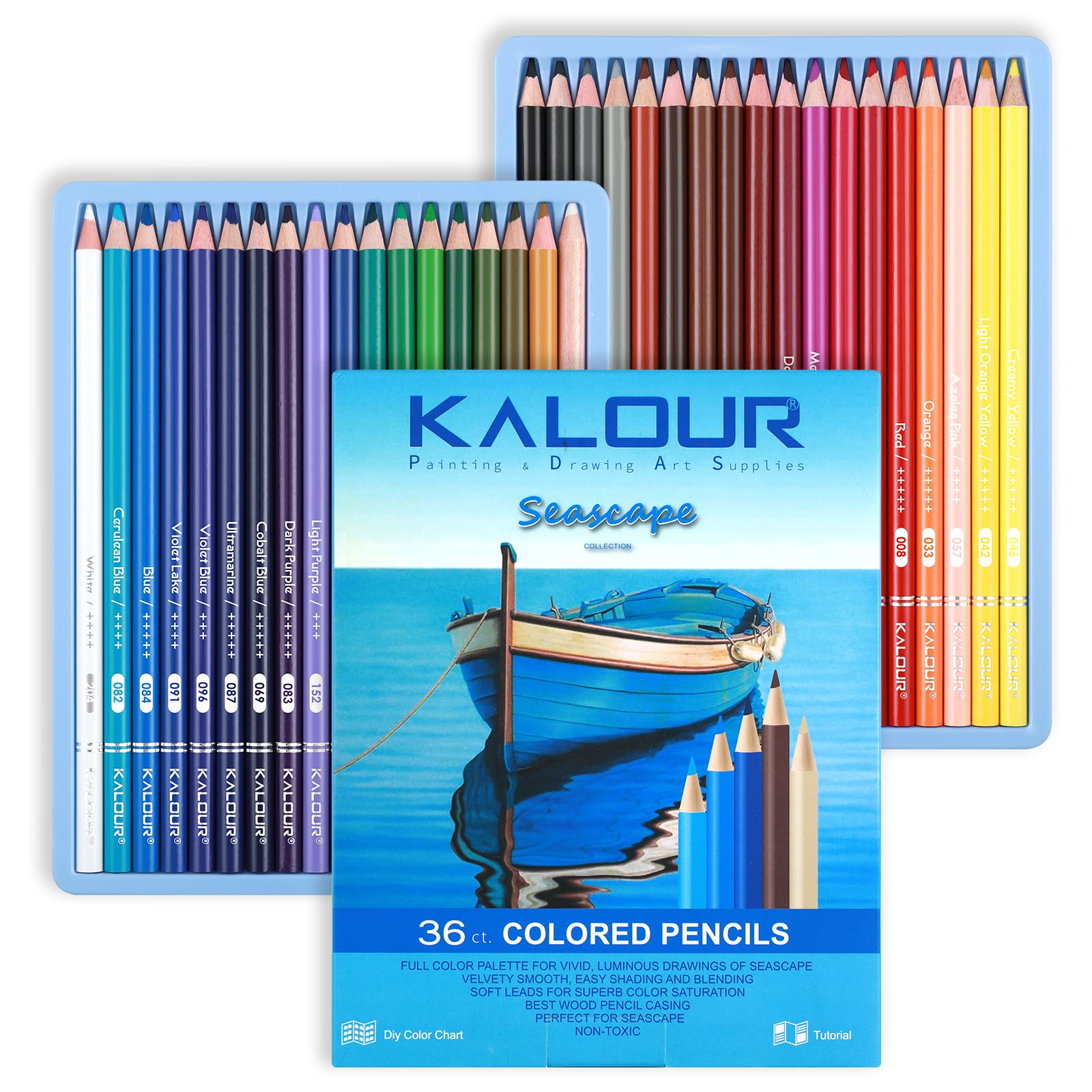KALOUR PDAS 36-piece Blue Seascape Colored Pencil Set, Pre-sharpened Wooden Colored Pencils for Adults Artists Beginners Coloring Books Drawing &amp; Sketching