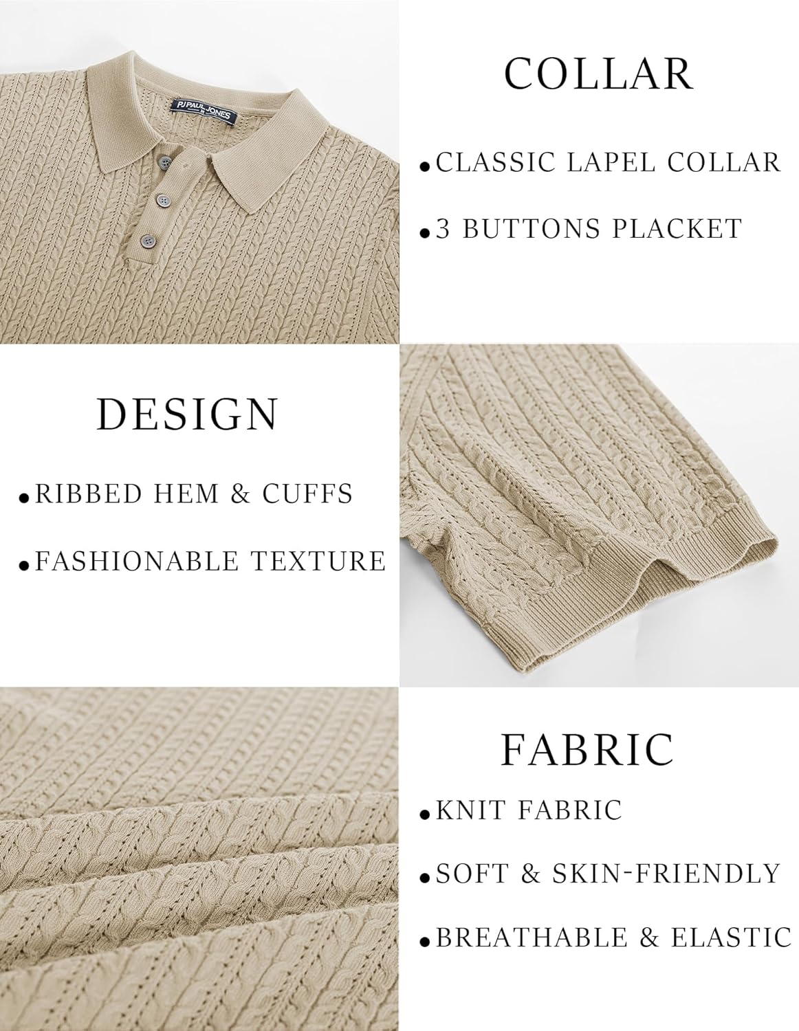 PJ PAUL JONES Mens Knit Polo Shirt Short Sleeve Hollow Out Knit Shirt Texture Knitted Polo - Image 5