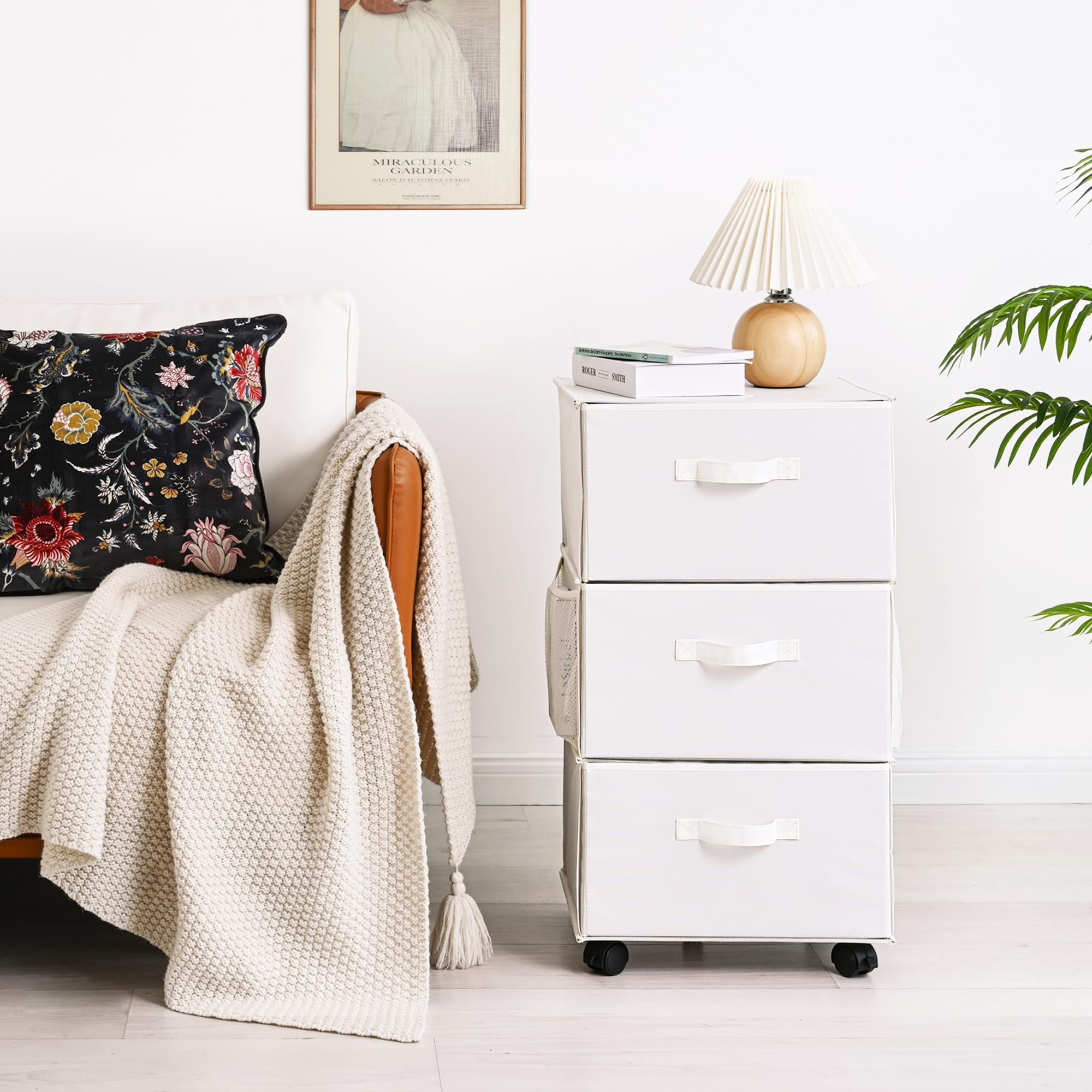 GRANNY SAYS 3 Drawer Storage Organizer, Drawer Dresser for Bedroom, Rolling Storage Cart with Drawers, Foldable Storage Cabinet, Storage Drawers for Clothing, Beige