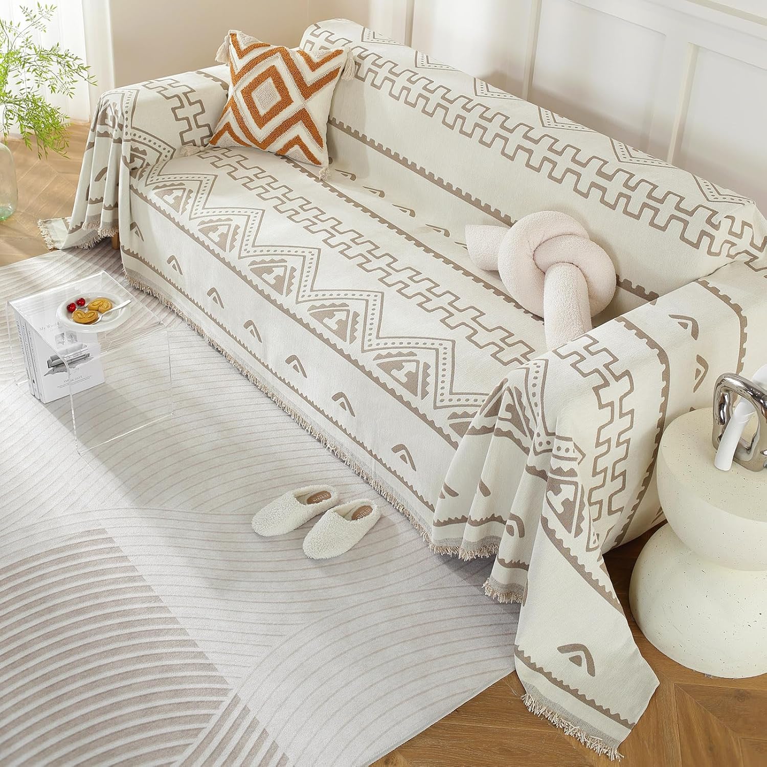 DREAMINGO Khaki Boho Couch Cover for 3 Cushion Couch Sofa