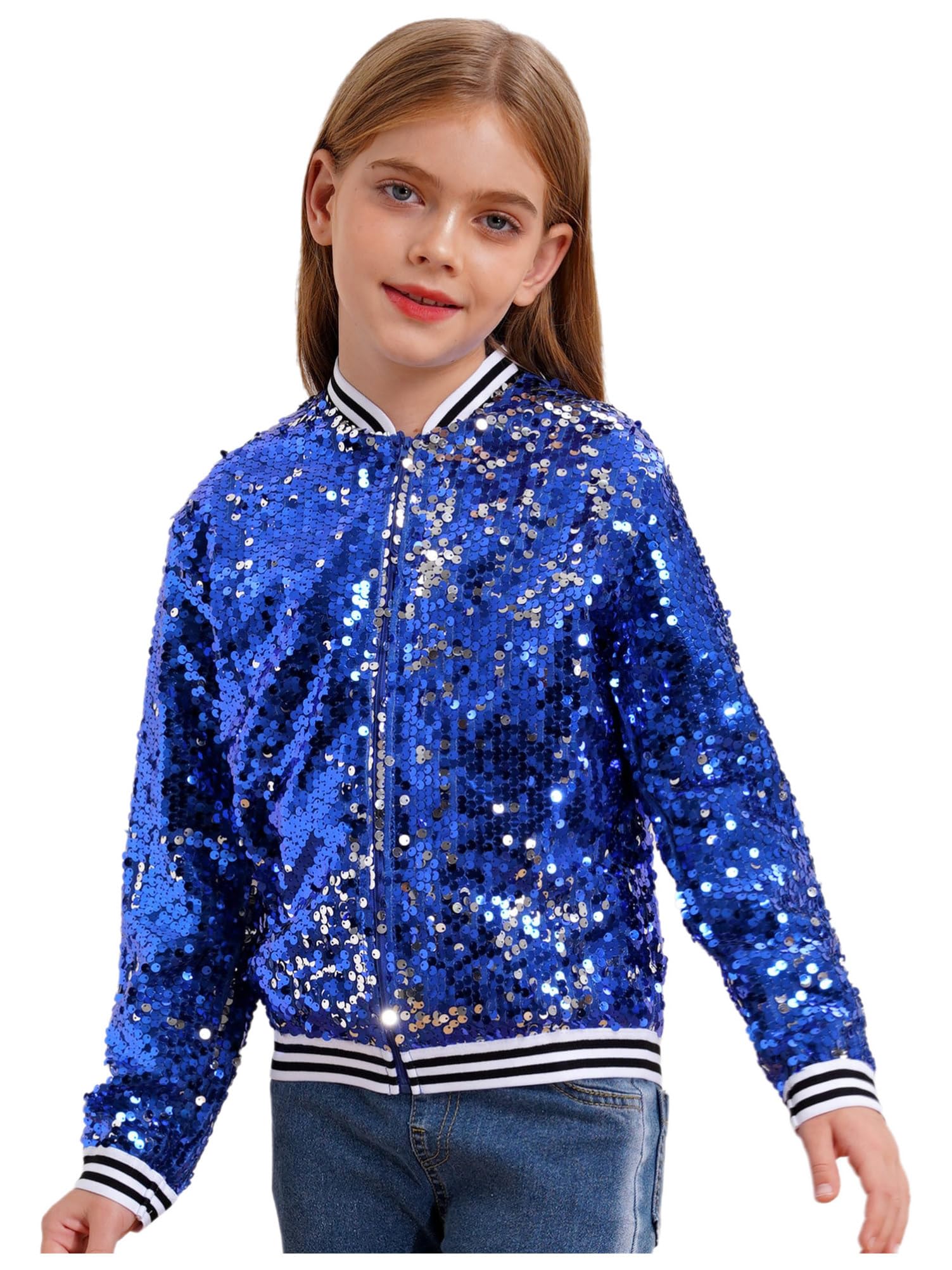 Alvivi Kinder Pailletten Jacke Jungen Mädchen Glitzer Baseball Jacke Langarm Sweatjacke Mantel Jazz Hip Hop Disco Party Tanzkostüm