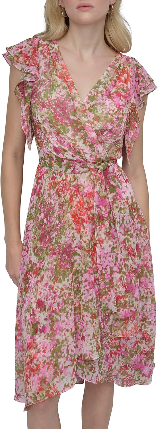 DKNY Women's Short Flutter Sleeve Surplice Neck Removable Belt Faux Wrap Dress