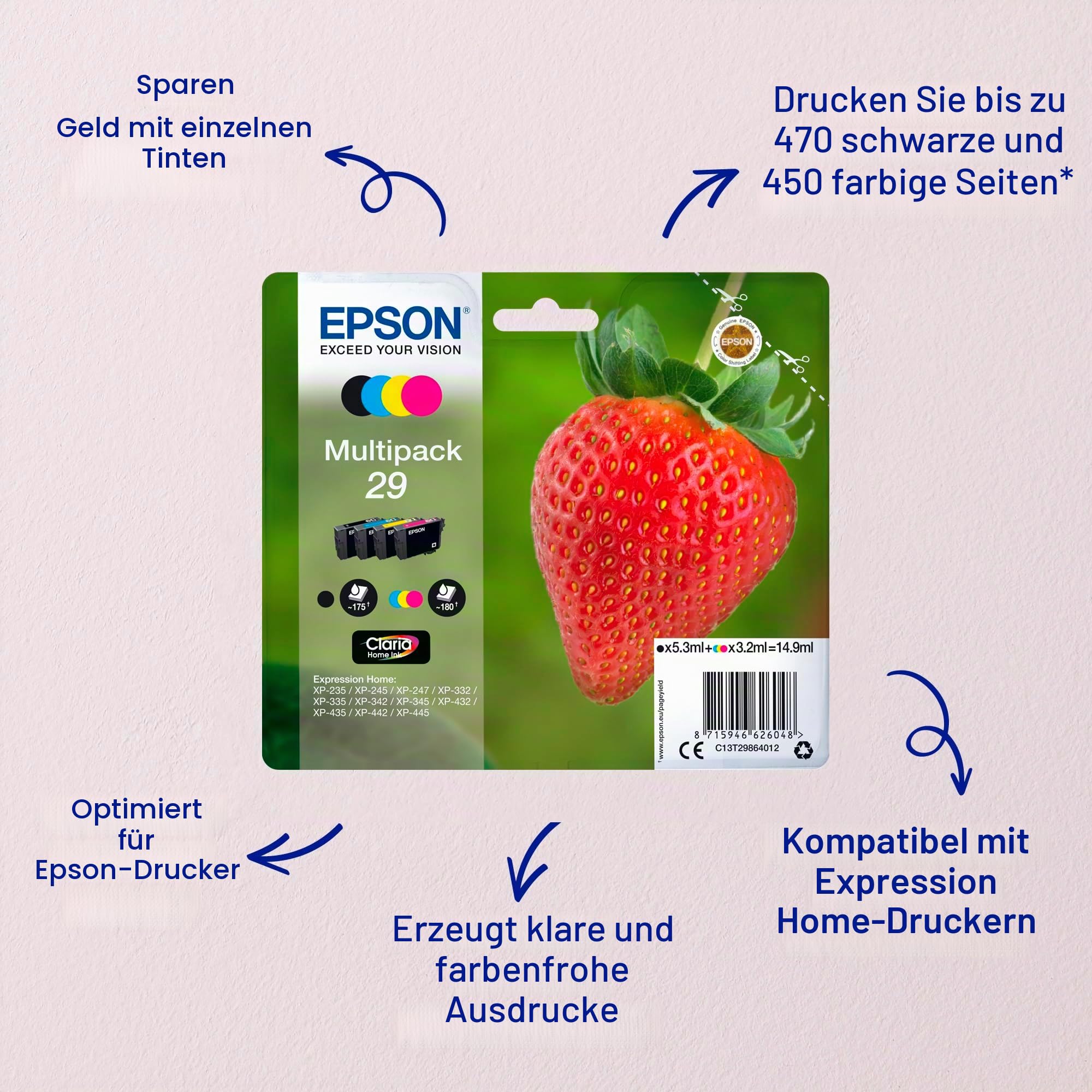 Epson 29 Strawberry Genuine Multipack 4-colours Ink Cartridges Claria Home Ink