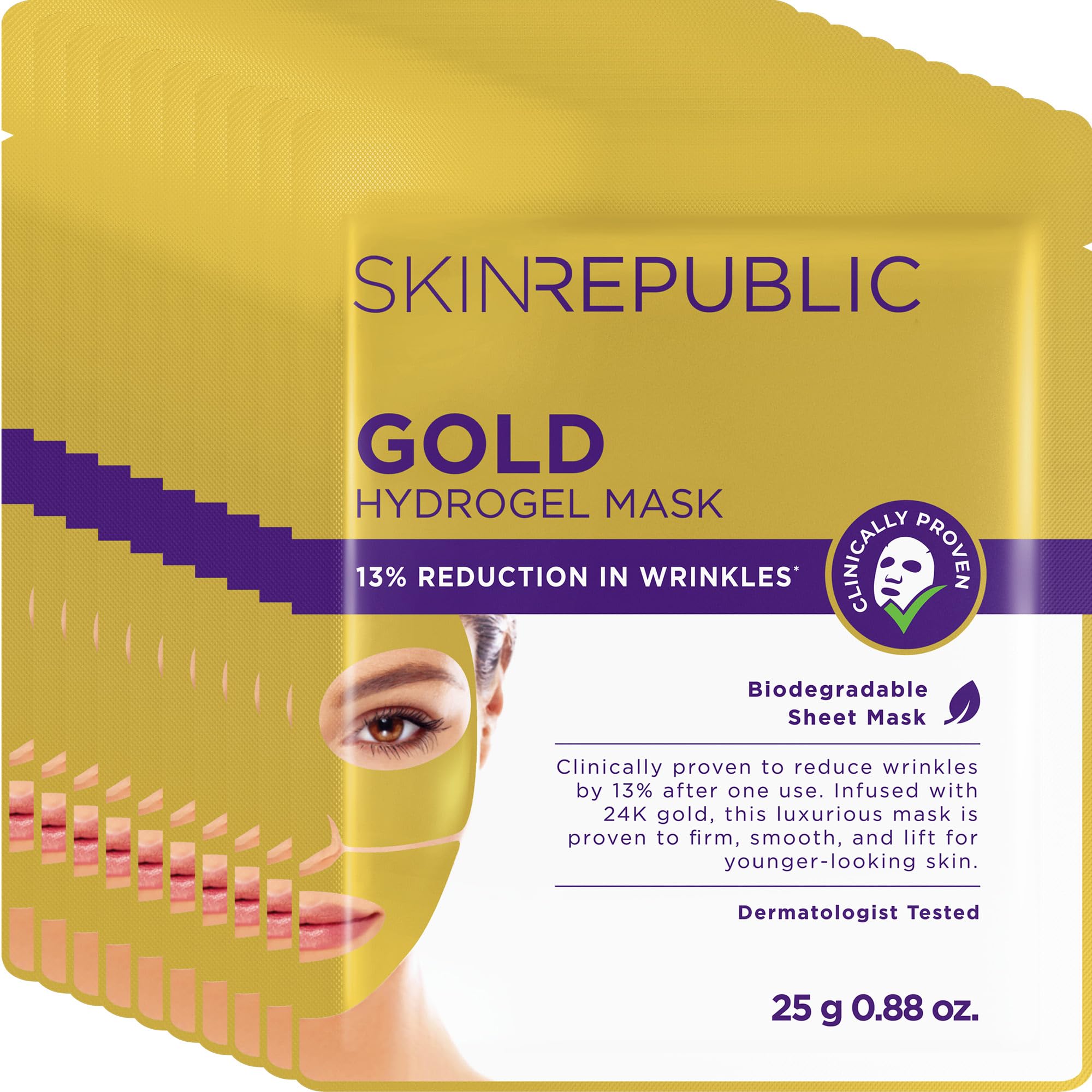 Skin Republic Mascarilla de hidrogel dorada: máscara facial antienvejecimiento de oro de 24 quilates, clínicamente probada, 13% menos arrugas después de una aplicación, reafirmante y alisa