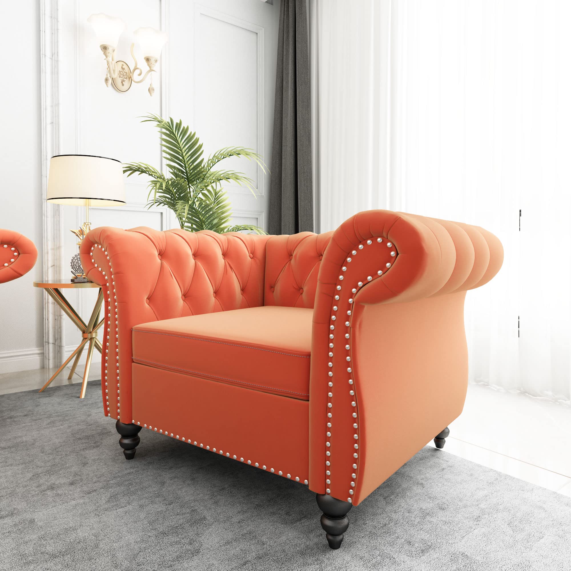 QHITTY Accent Chair, Chesterfield Chair Modern Velvet Upholstered Chairs with Tufted Back for Living Room Furniture (Orange)