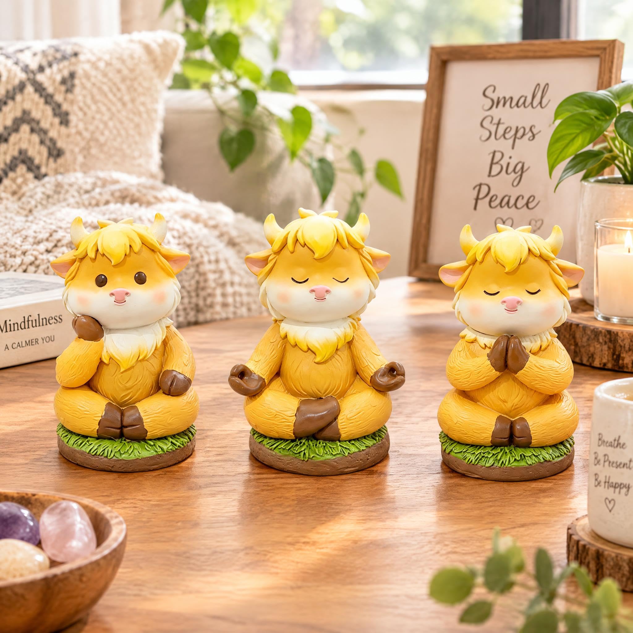 3 figuras de vaca de las tierras altas, estatuas de resina para decoración de ganado, meditando y orando, centro de mesa rústico para Navidad, Acción de Gracias, regalo de cumpleaños