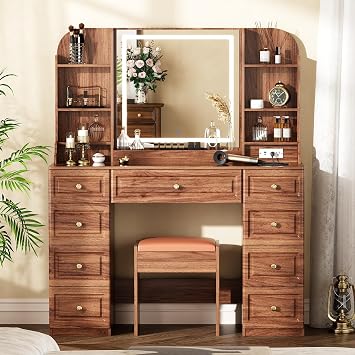 Arulvmrn 43 Wooden Makeup Vanity Set with Mirror and Lighted,Modern Vanity Desk with 9 Drawers,Storage Shelves, and Padded Seat, Dressing Table for Bedroom, Dorm, or Home Beauty Station,Brown