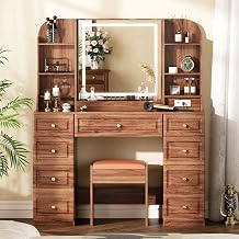 Arulvmrn 43 Wooden Makeup Vanity Set with Mirror and Lighted,Modern Vanity Desk with 9 Drawers,Storage Shelves, and Padded Seat, Dressing Table for Bedroom, Dorm, or Home Beauty Station,Brown