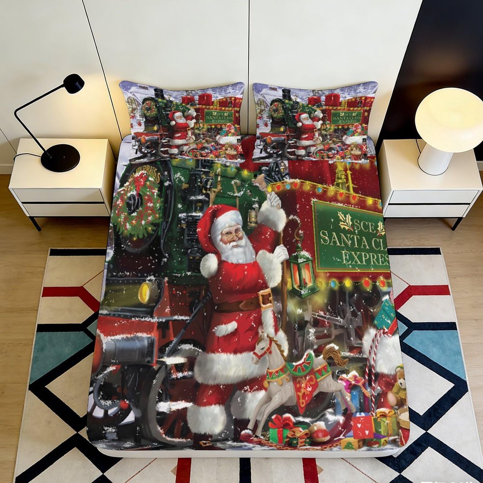 3D Printed Christmas Santa Fitted Sheet Microfiber soft touch, wrinkle resistant, apartment bedding, daily use, festive decor, anti-slip, easy care, bedroom accent, mattress protection 140x200x25cm