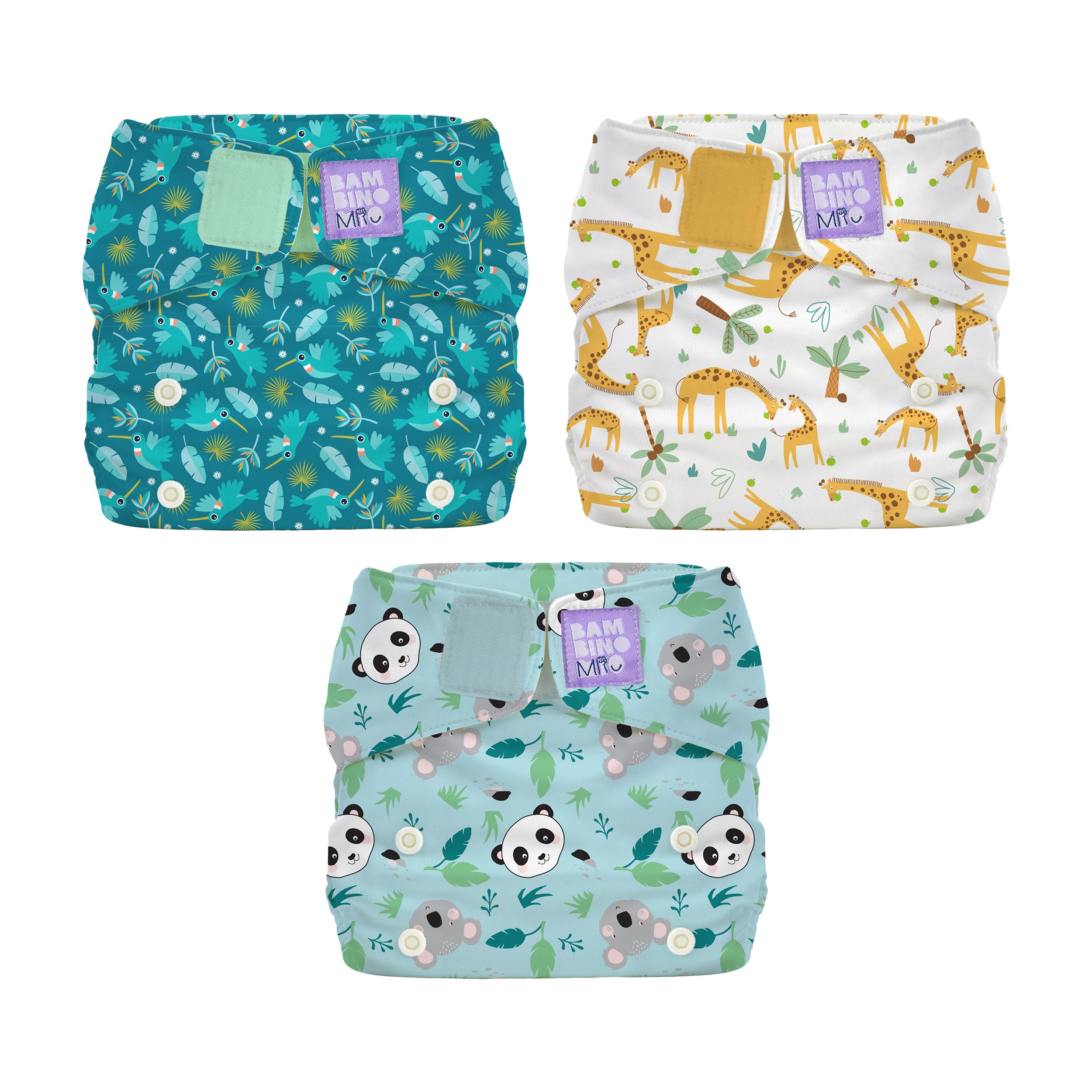 Bambino Mio Paquetes de 3 pañales reutilizables Miosolo Classic (ANIMALES) - pañales de tela «todo en uno», pañales lavables de talla única, resistentes a las fugas y absorbentes