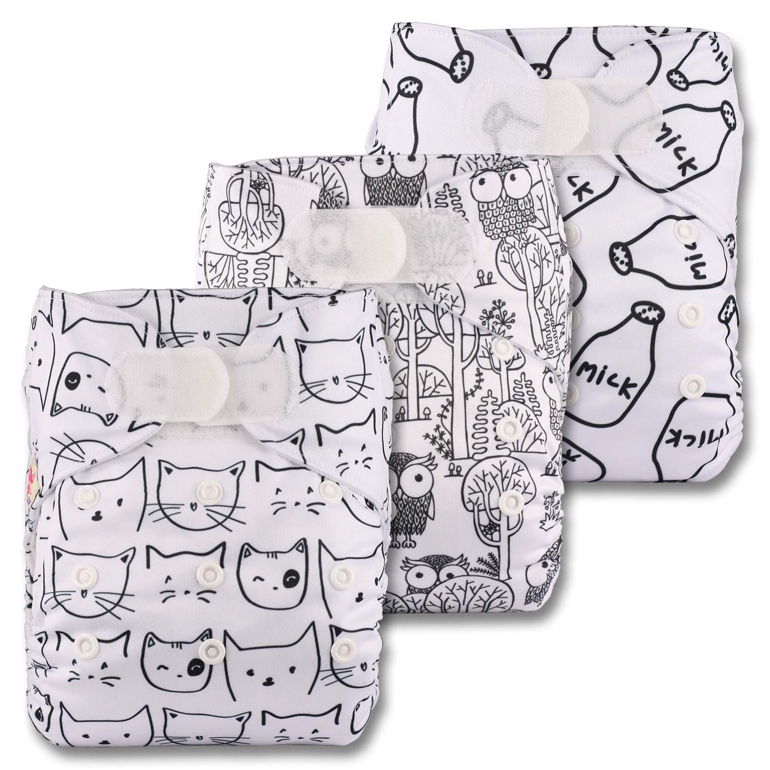 Littles & Bloomz, Reusable Pocket Cloth Nappy, Fastener: Hook-Loop, Set of 3, Patterns 313, with 3 Bamboo Charcoal Inserts