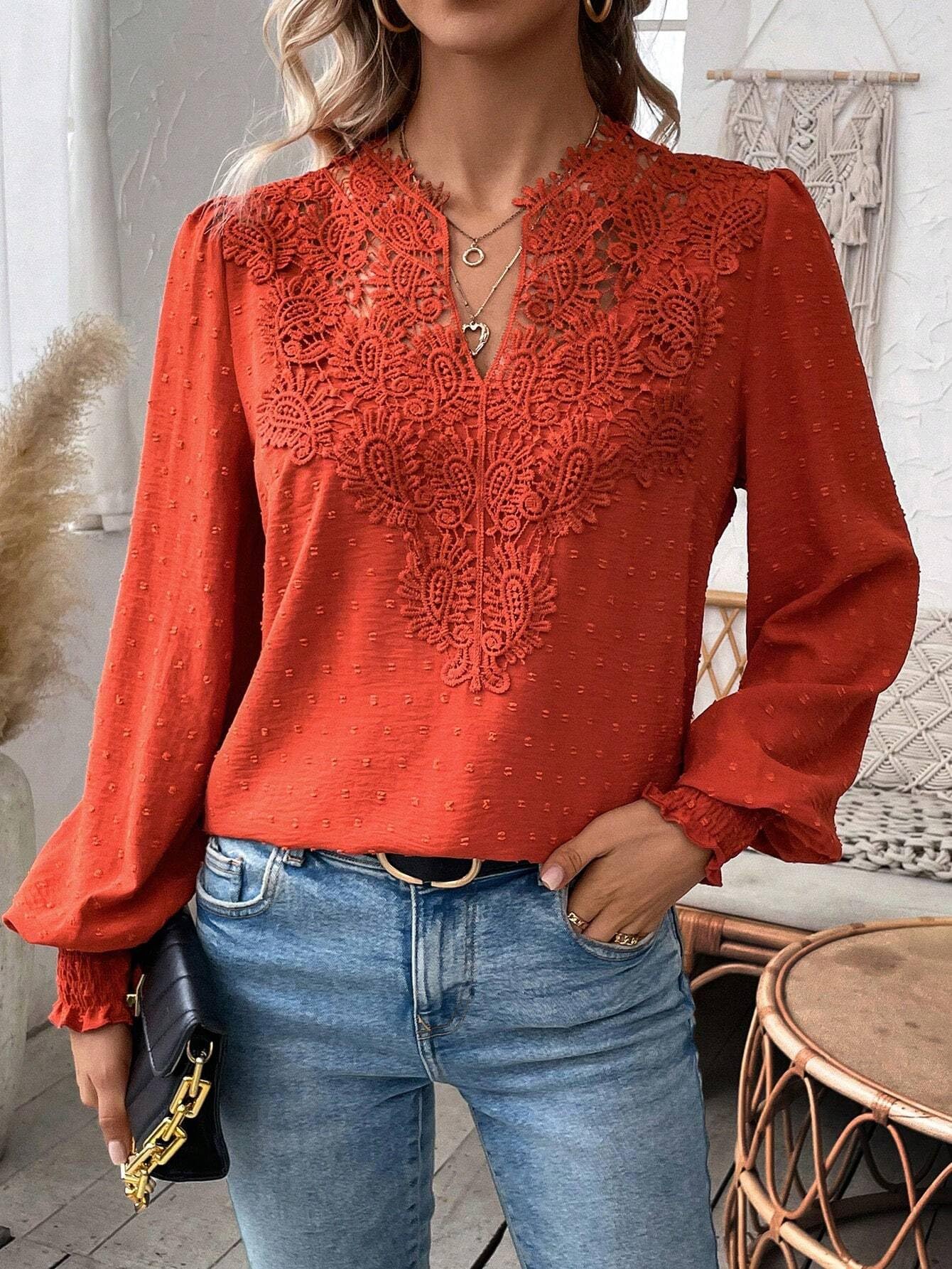Camicetta da Donna in Pizzo, Elegante, Scollo a V, Volant, Maniche Lunghe, alla Moda, Stile Casual, Stile Bohémien