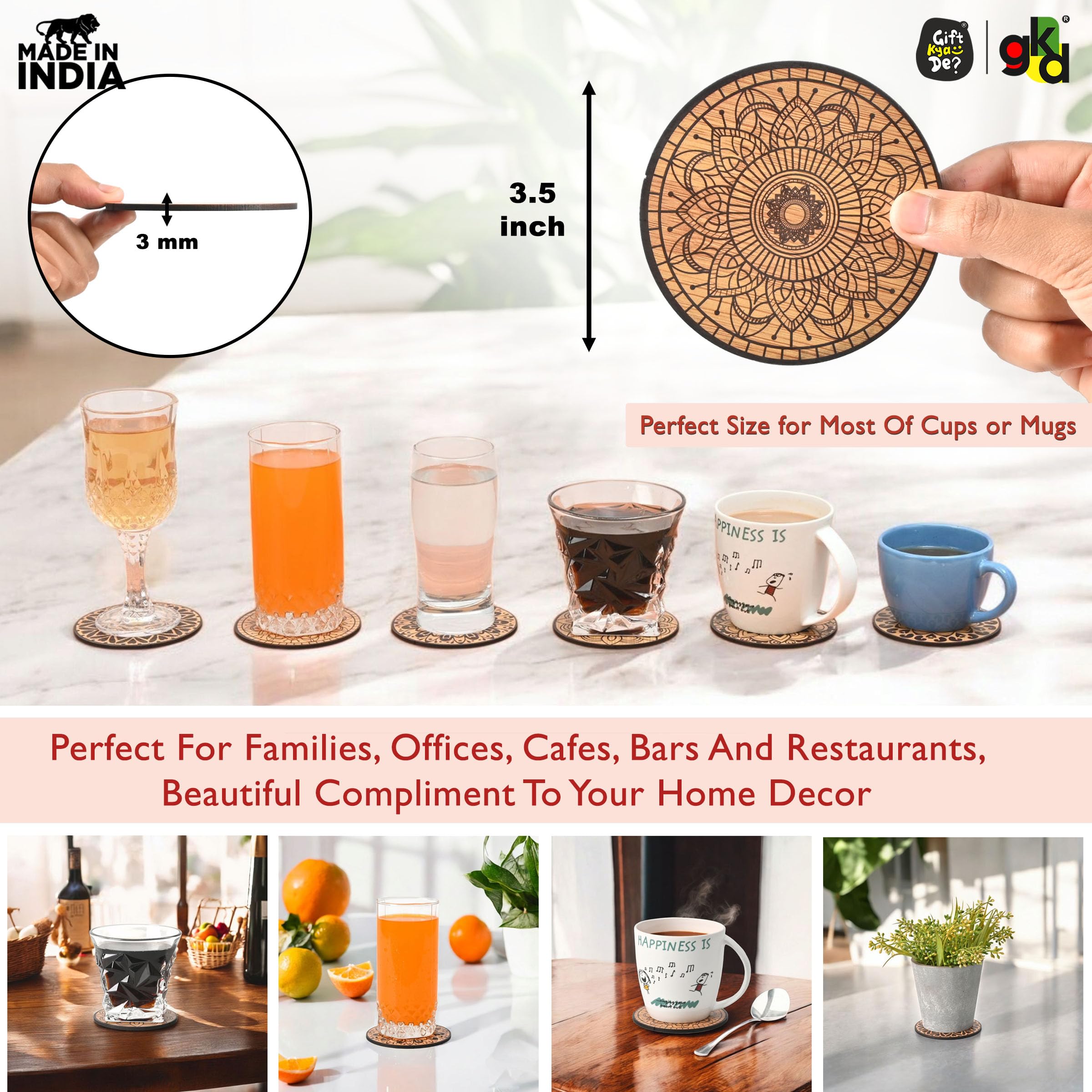 Gift Kya De Gkd Coaster Set Of 6 Mandala Art Wooden Coasters With Proper Coaster Stand Coaster Set Fit For Tea Cups, Coffee Mugs And Glasses (3.5 X 3.5 Inch) (Bamboo Ecofriendly) 1