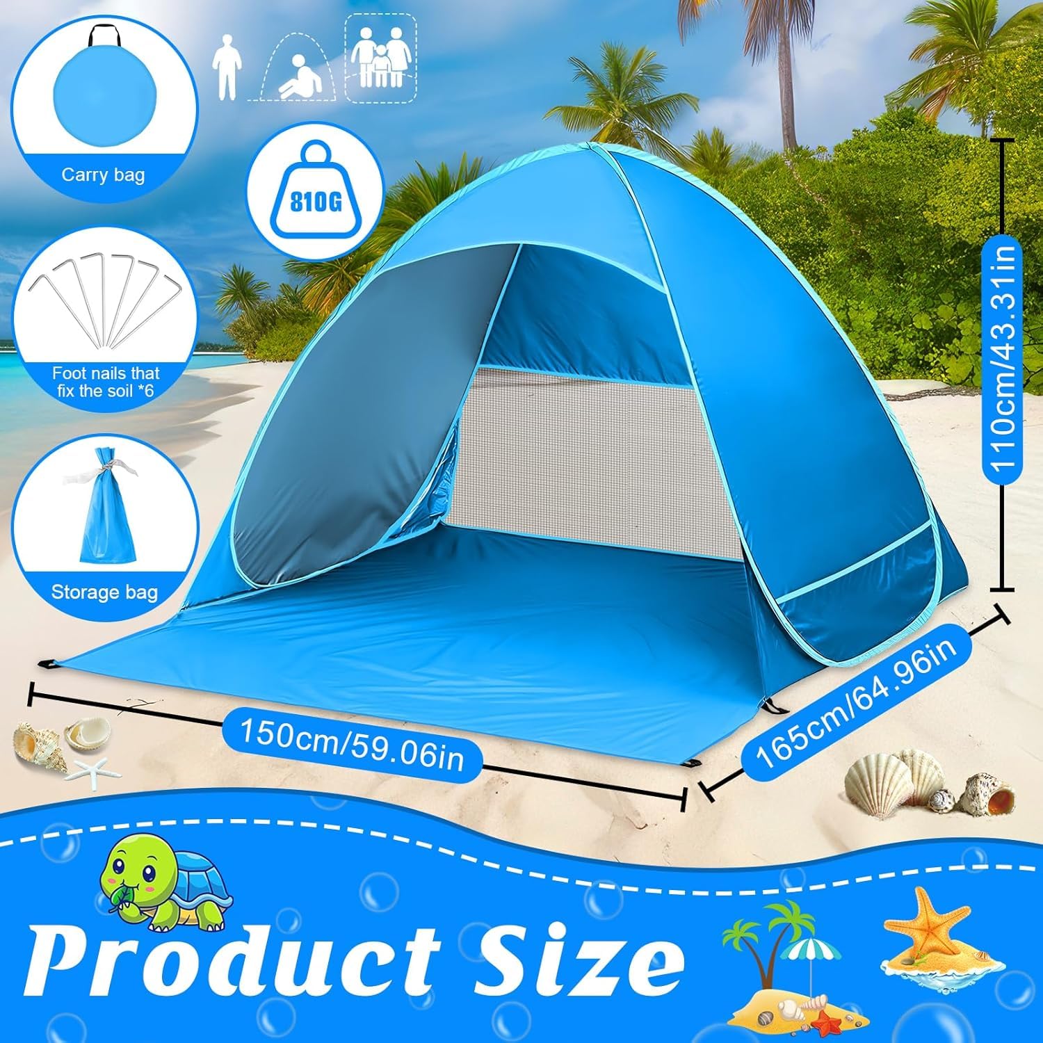 Tenda da Spiaggia Automontante istantanea - Protezione Solare UPF 50+ Dai Raggi UV - Include Custodia per il Trasporto e Picchetti