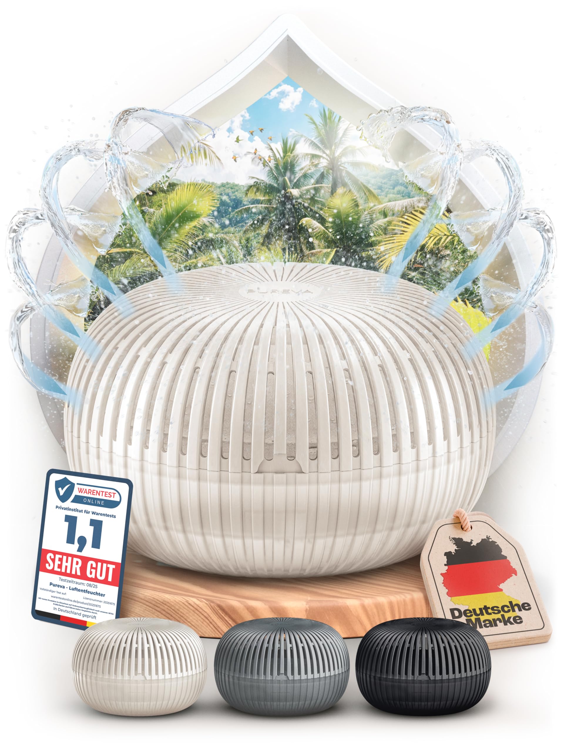 PUREVA Flow Luftentfeuchter ohne Strom bis 25m² [NEUESTE FORMEL] Raumentfeuchter ohne Strom mit 450g Entfeuchter Granulat - Raumluftentfeuchter - Feuchtigkeitsabsorber für ein angenehmes Wohnklima