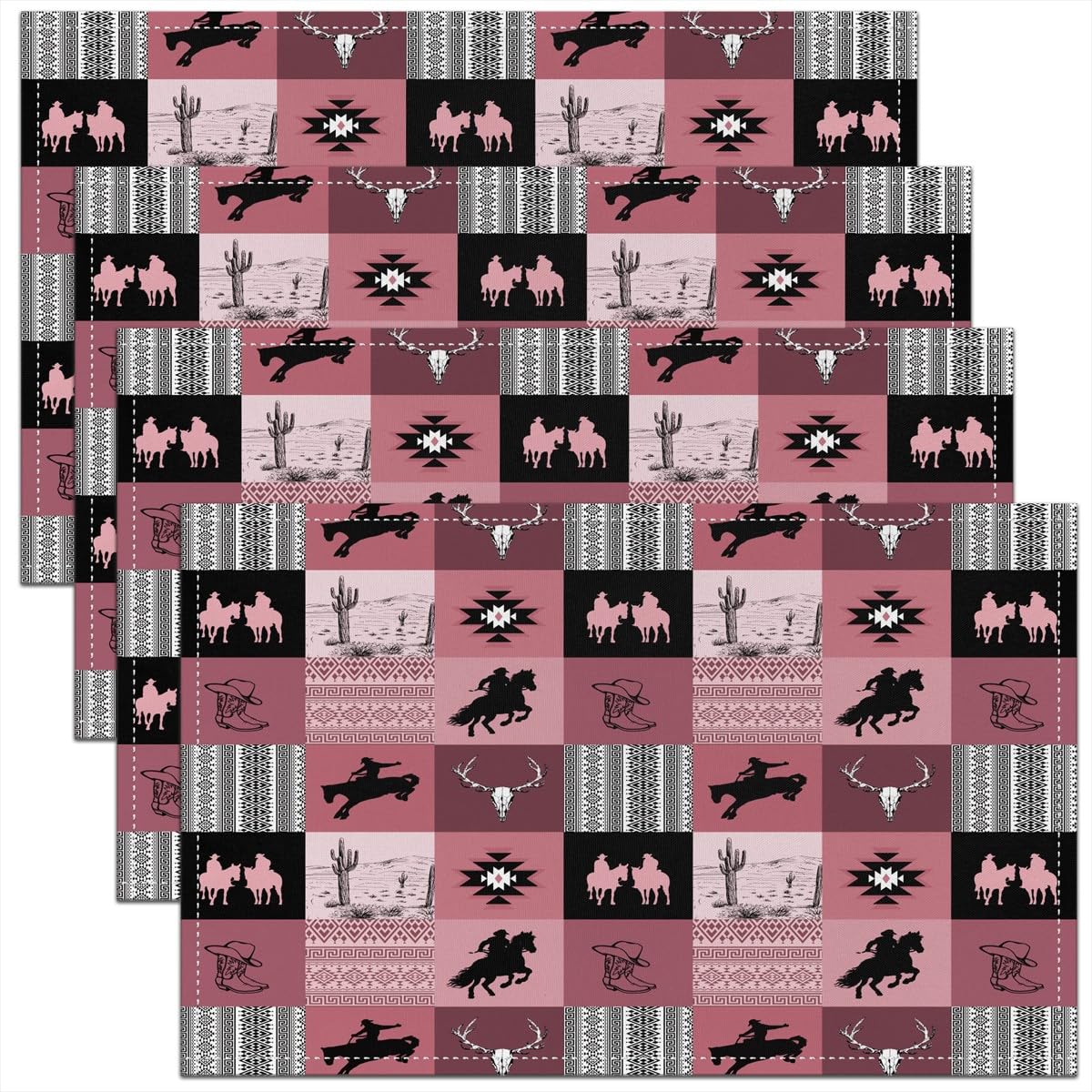Homemissing Wild West Cowboy Placemats Set of 4 45X30cm Western Horse Table Place Mats, for Boys Girls Teens Rodeo Cowboy Placemat for Kitchen Dining Table Indoor Outdoor Women Men Pink Grey