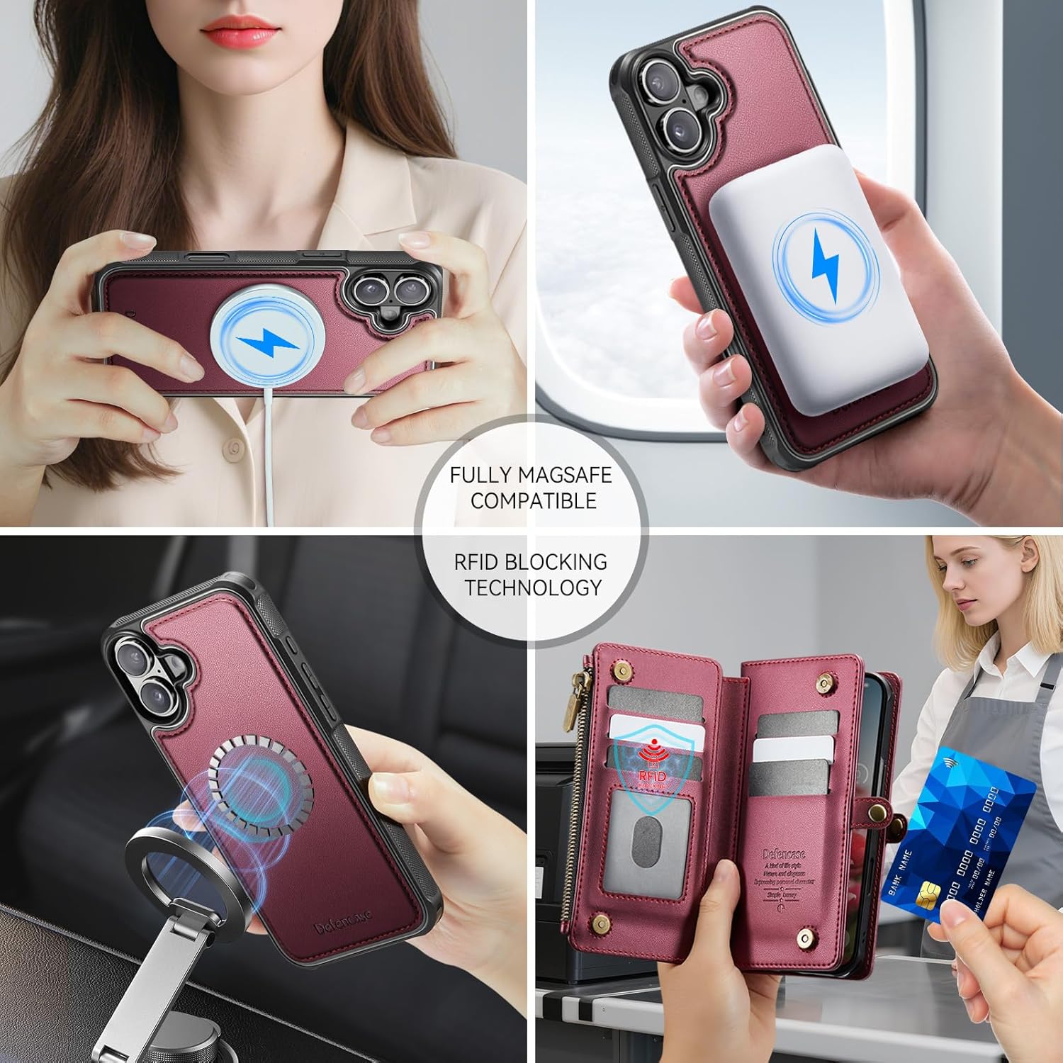 Defencase for iPhone 17 Magnetic Wallet Case Compatible with Magsafe with RFID Blocking Zipper Pocket & Card Holder for Women Men PU Leather Strap Detachable Case for iPhone 17 (6.3 inch), Wine Red