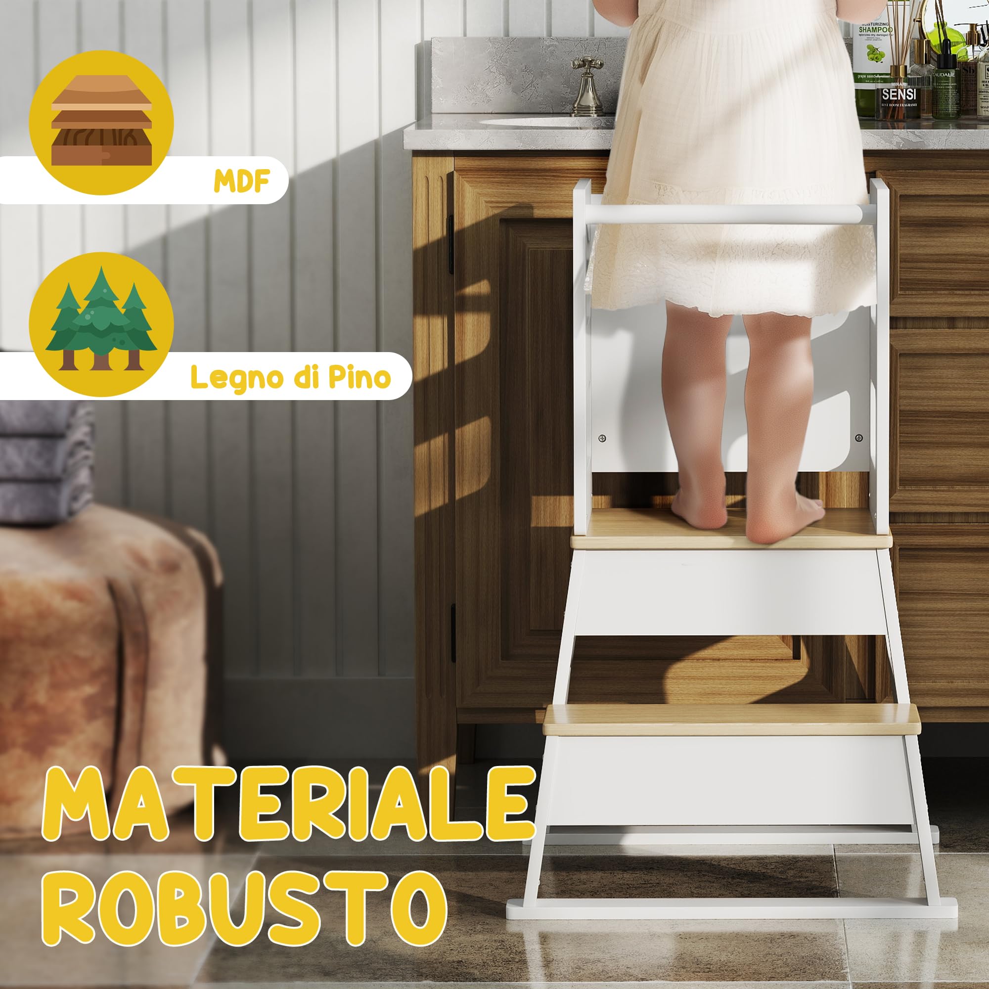 AIYAPLAY Torre de Aprendizaje 2 en 1 Taburete de Aprendizaje para Niños de 3-6 Años con Pizarra y Barrera de Seguridad para Baño Cocina 55x52,5x87,5 cm Blanco