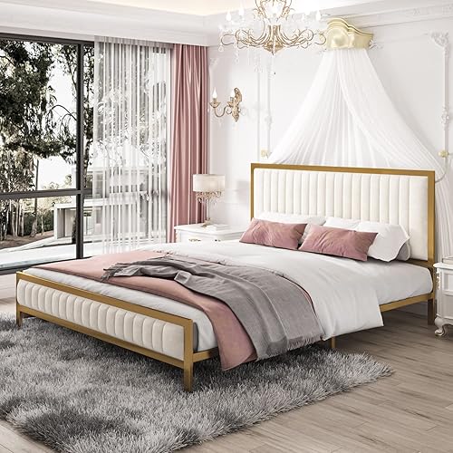 Base de cama Queen con cabecero moderna base de cama de plataforma dorada con cabecera de canal vertical capitoné listones de madera no necesita disponible en Yaxa Guatemala