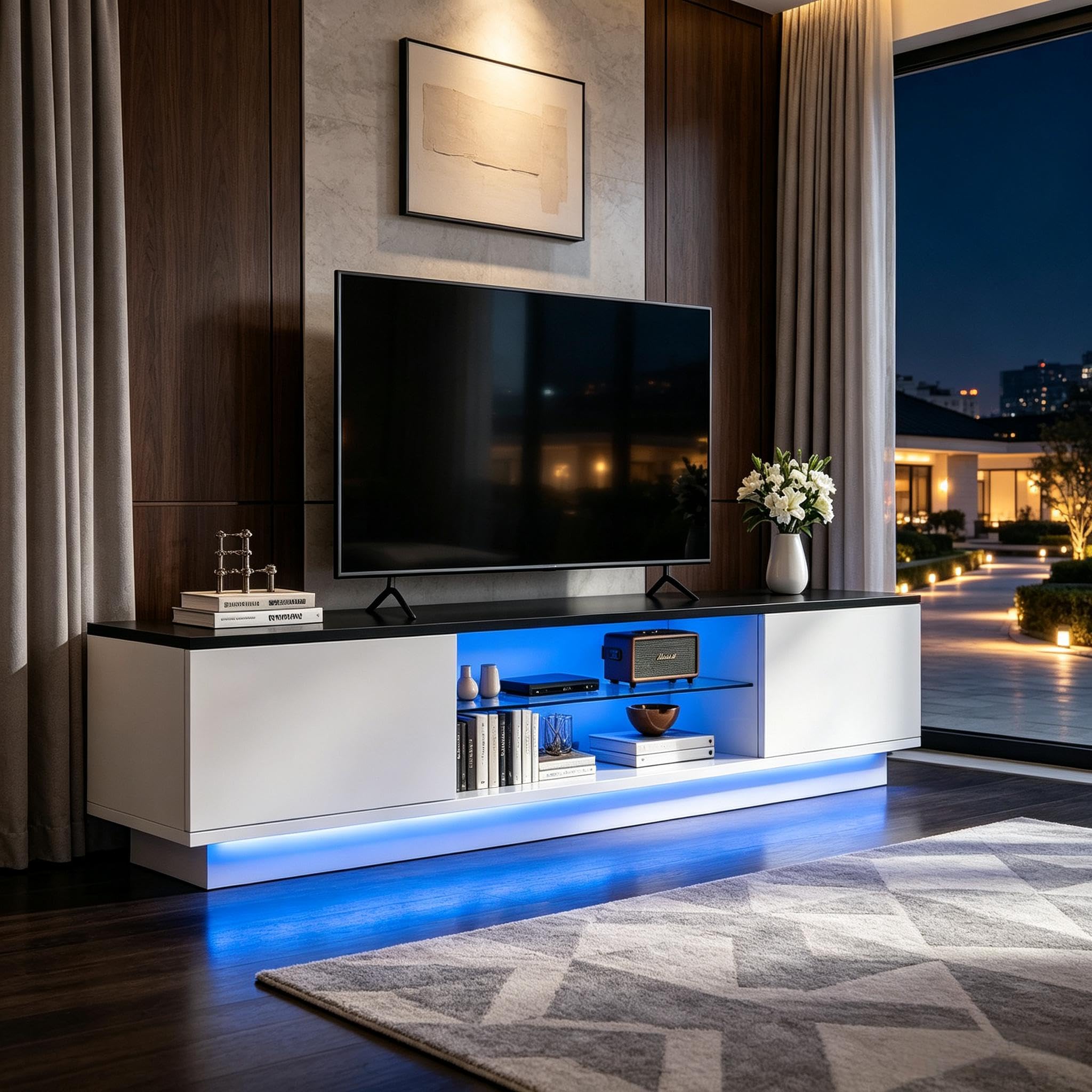 Szafka pod telewizor o długości 140 cm z diodami LED, nowoczesna szafka pod telewizor z 2 drzwiami i otwartymi półkami, podstawka pod telewizor do 65 cali biała szafka do salonu sypialnia (biały-2