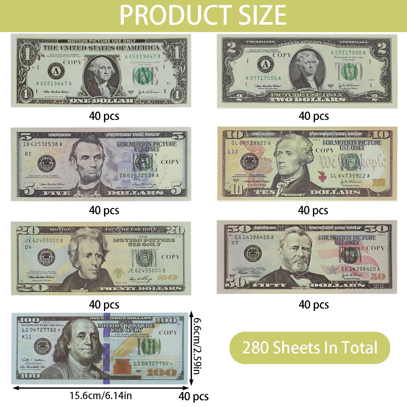 280 Piezas Prop Money,Billetes Dolar Falsos,Copy Money,Dinero de Juguete Dollars,Dinero de Juguete Ddólares para Niños,para Educación Niños/Películas/Fiestas Decoración(40 x 1$,2$,5$,10$,20$,50$,100$)