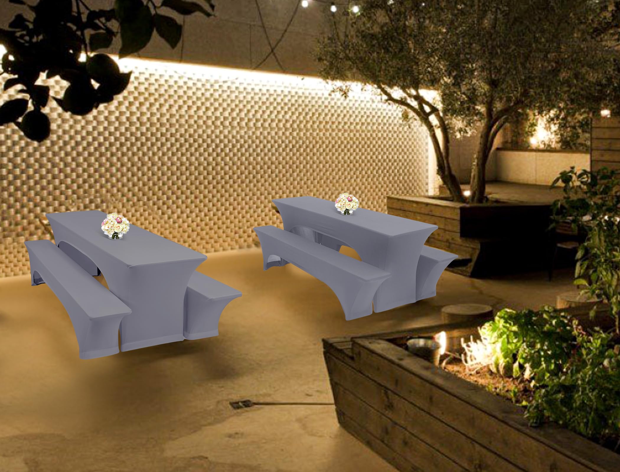 Vier 3er-Set Biertischhussen 220 x 50 x 70cm, hussen bierzeltgarnitur, hellgrau, Stretch-Bezüge für Biertisch-und Bankgarnituren, Bierbankhussen, Spandex-Bierzeltgarnitur für Bankett