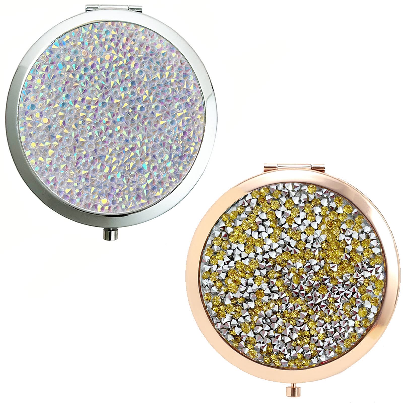 JEOPKO 2 Pcs Compact Mirror for Handbag,Round Double-Sided Mirror Portable Pocket Mirror Snap-Button Folding Mirror Travel Vanity Mirror, Handheld Double-Sided Mirror (Chrome and Rose Gold)