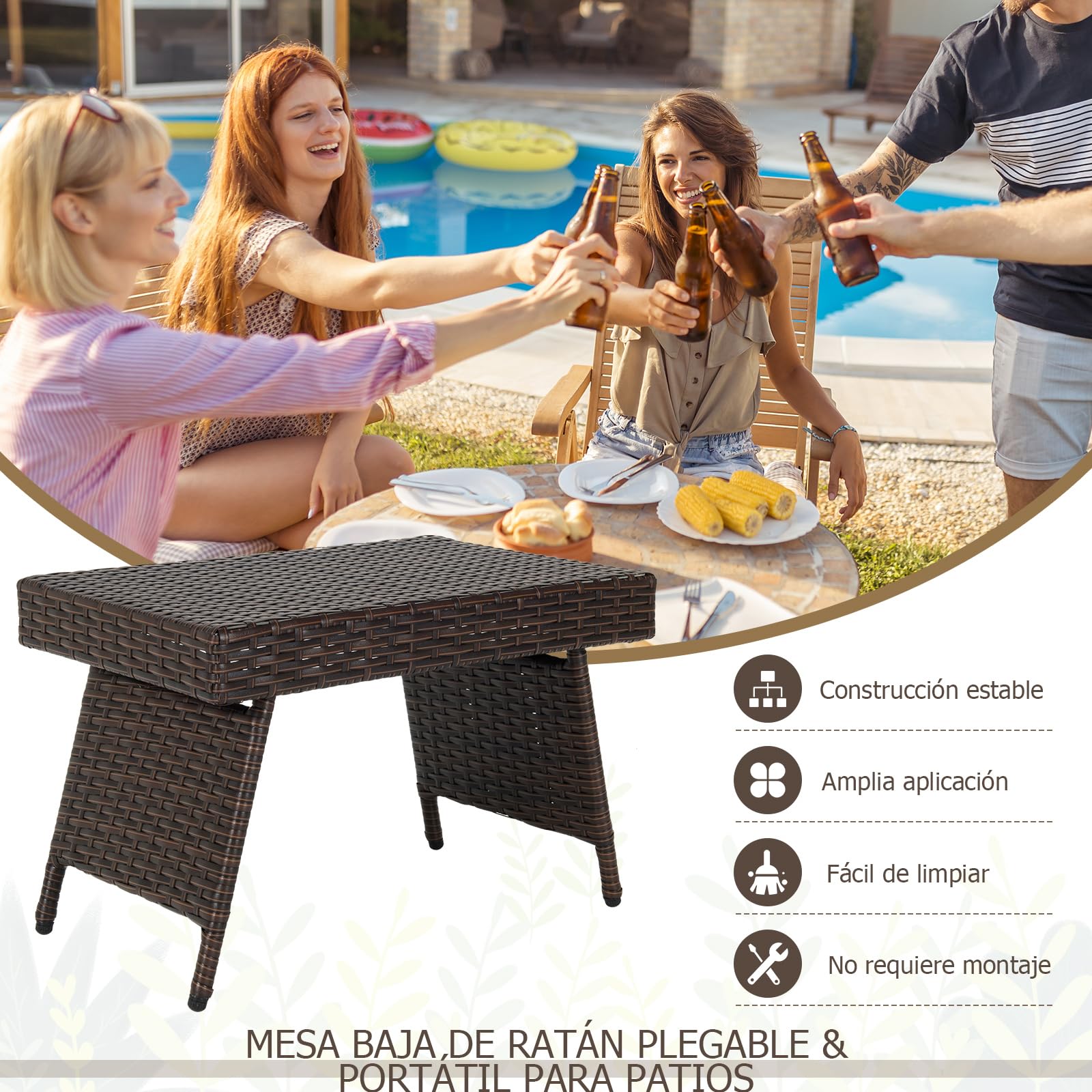 GOPLUS Mesa Baja Jardín Plegable de Ratán, Mesa Auxiliar con Estructura de Acero Resistente y Patas Ajustables, Mesa de Café sin Montaje Ahorra Espacio para Exterior Terraza Piscina, 60 x 40 x 40 cm