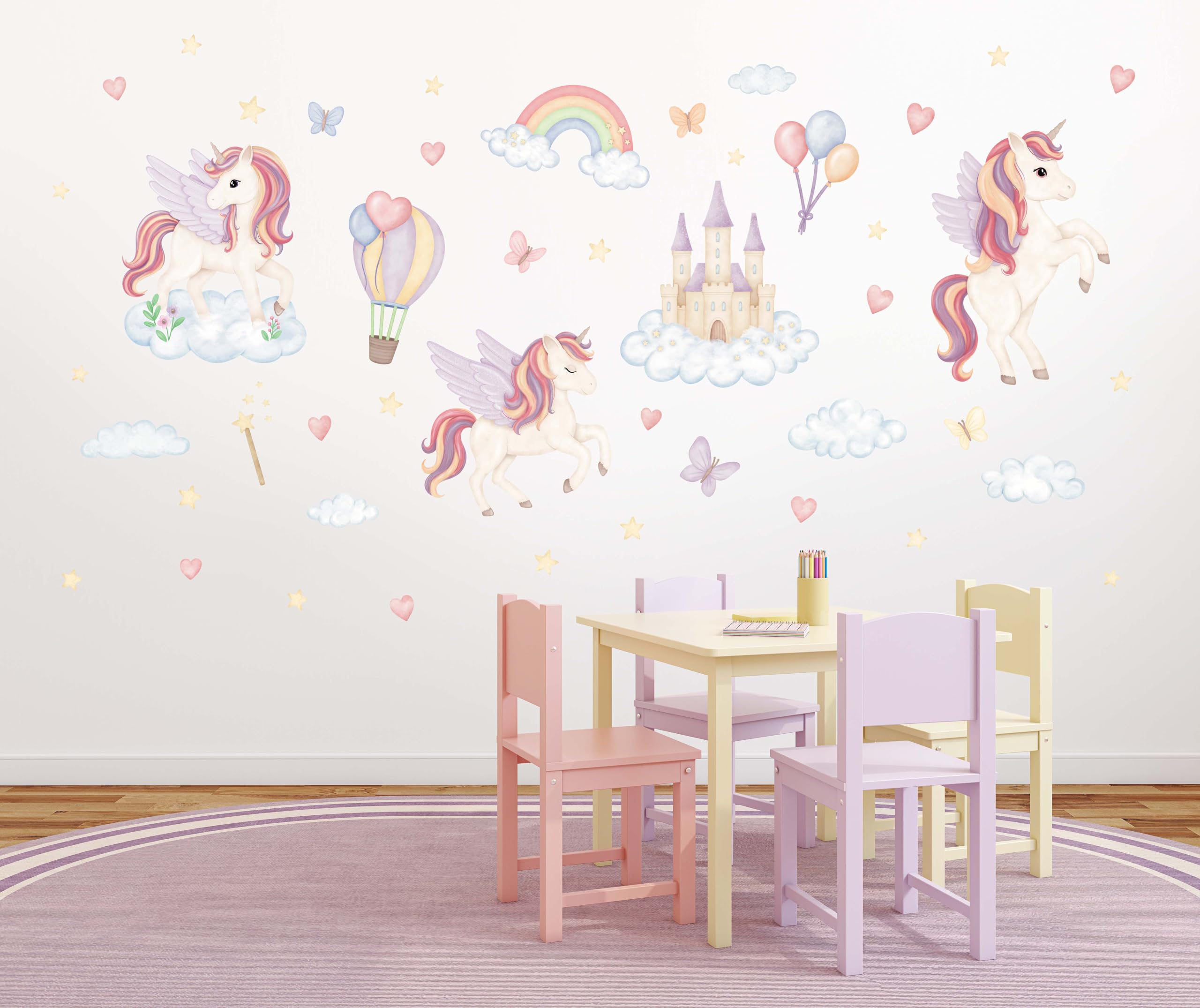 Wandtattoo Kinderzimmer Einhörner - Kinderzimmer Deko 50 separate Aufkleber - Wandtattoo Kinderzimmer Sicher für Kinder - Wanddeko Pastellfarbene, Rosa, Violette - Magische Einhörner