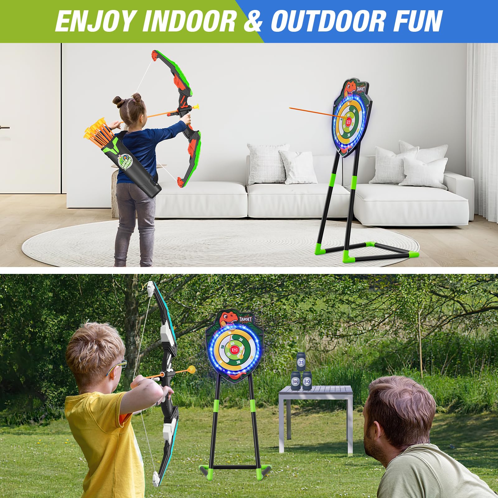 HYES 2 Pack Flèche et Arc pour Enfants, LED Lumière Dinosaure Tir à l'arc avec Flèches à Ventouse, Cible de Lueur Debout, Cibles de Score, Jouet d'Intérieur et d'Extérieur Cadeaux pour Garçons Filles