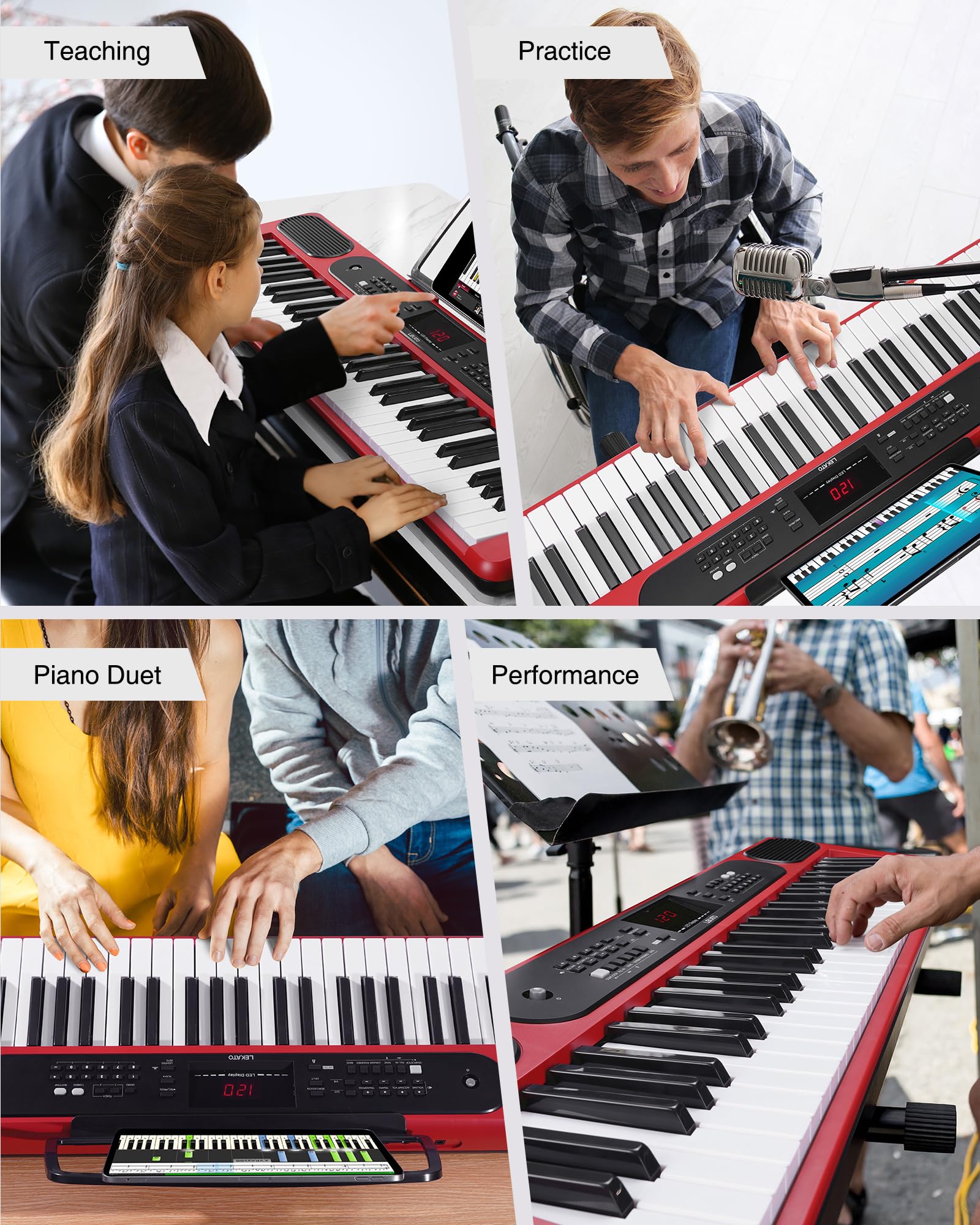 LEKATO Keyboard Piano mit 61 Tasten, Elektronisches Keyboard für Einsteiger mit Beleuchtete Tasten und LED-Anzeige, eingebaute Doppellautsprecher, Lernmodi, Notenständer, Rot