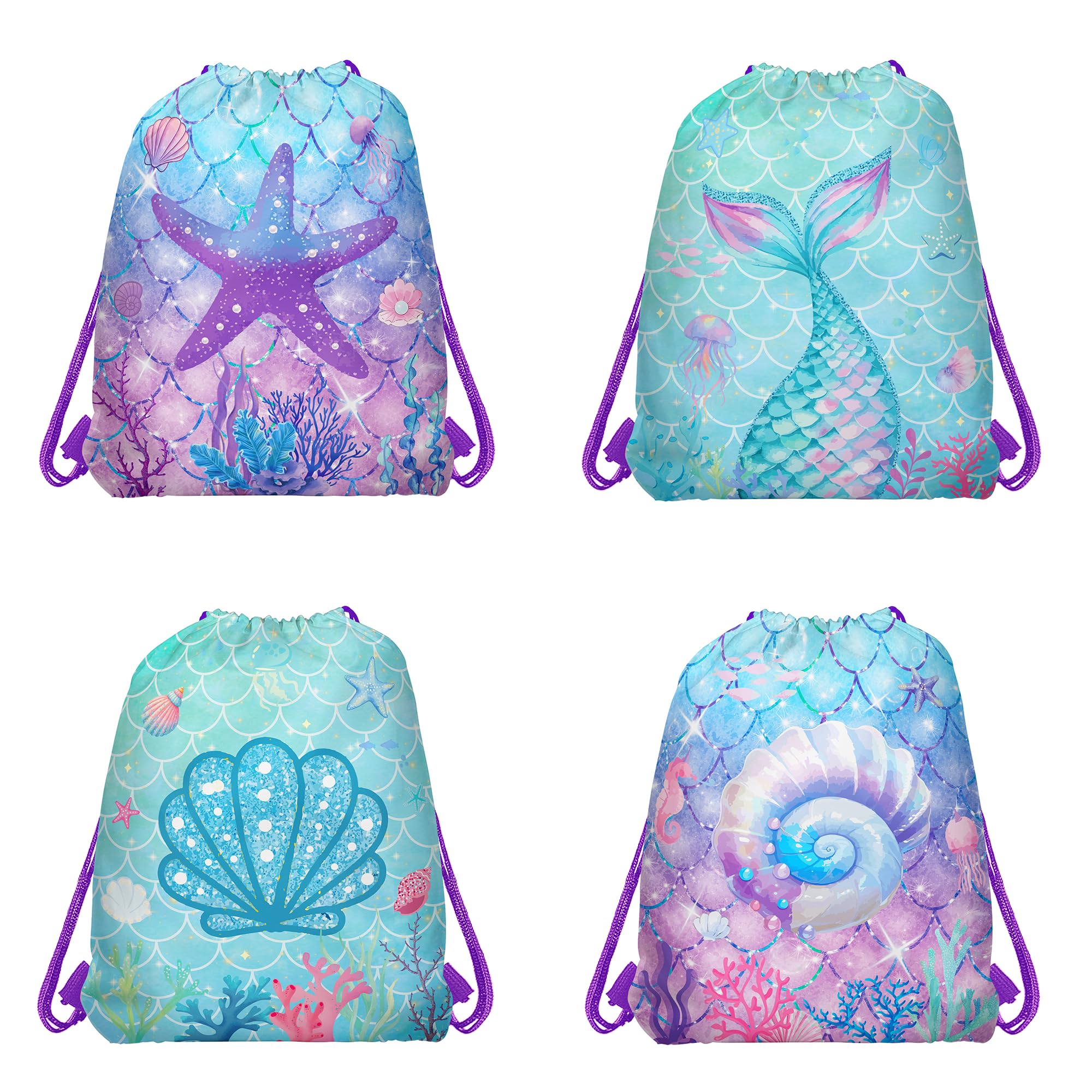 CC HOME 12Pcs Purple Green Mermaid Drawstring Bags, Fancy Mermaid Gift Candy Treat Bags, Under Sea Theme Party Favor Bags for Baby Shower Kids Girls Boys Birthday Party Decorations 10.6 x 13.4 inch