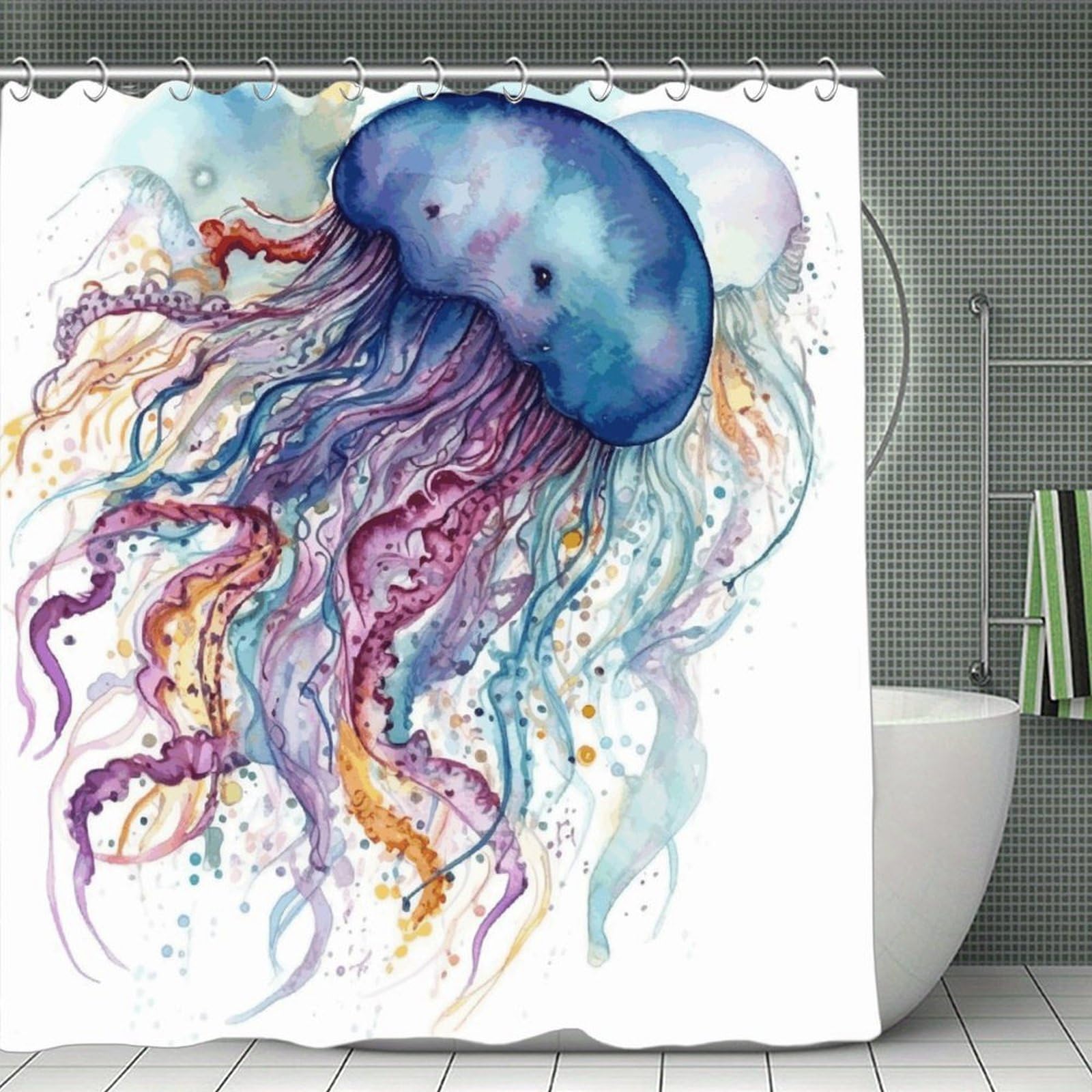 VstaDank Watercolor Jellyfish Shower Curtain Light-Weight Blackout Bathroom Curtain Washable Shower Liner 71x71 Inch Bath Curtain with Metal Holes Bathtub Bath Room