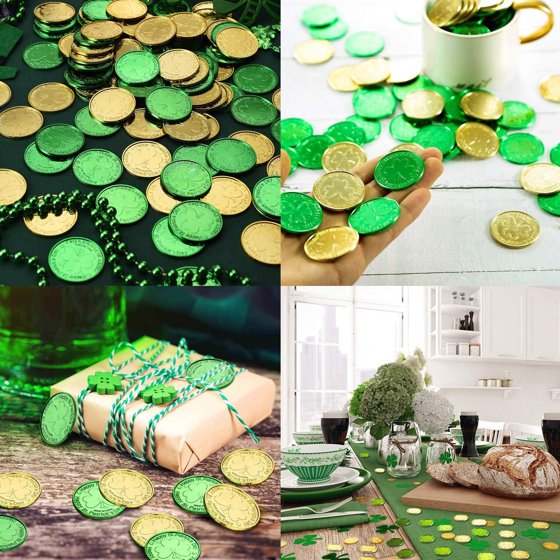 Sieman 24 sztuki Patrick's Day Clover monety na szczęście, tworzywo sztuczne, posypka stołowa z listkami koniczyny, worek ze sznurkiem na akcesoria na imprezę (24 sztuki/zielony)
