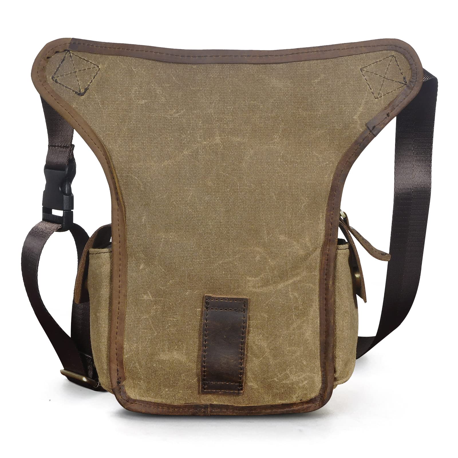 Le'aokuu Men Canvas and Genuine Leather Messenger Waterproof Shoulder Bag Motorcycle Tactic Fanny Belt Waist Bag Pack Pouch Drop Leg Bag 9938(Brown) - Image 3