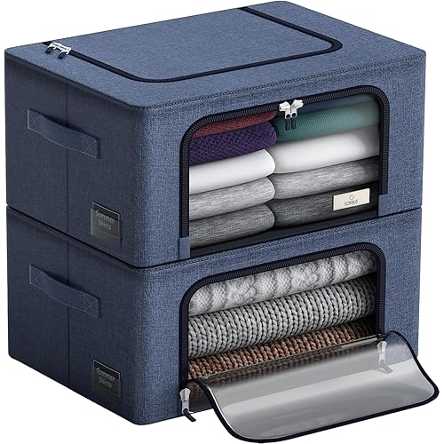 Sorbus Storage Bins with Metal Frame - Stackable & Foldable Clothes Organizer Bags - Oxford Fabric Storage Containers with Large Clear Window & Carry Handles, Bedroom Organization for Bedding & Linen