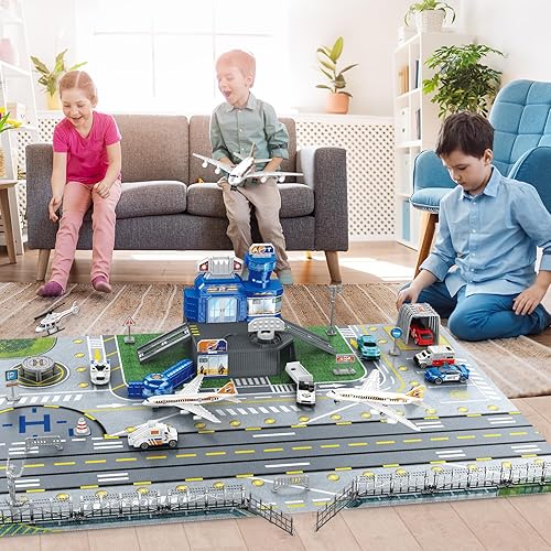 Miniatura 5 de Juego de juguetes de avión de aeropuerto para niños, con alfombrillas de plástico para juegos, 2 aviones, helicópteros, equipaje, autos, camiones de