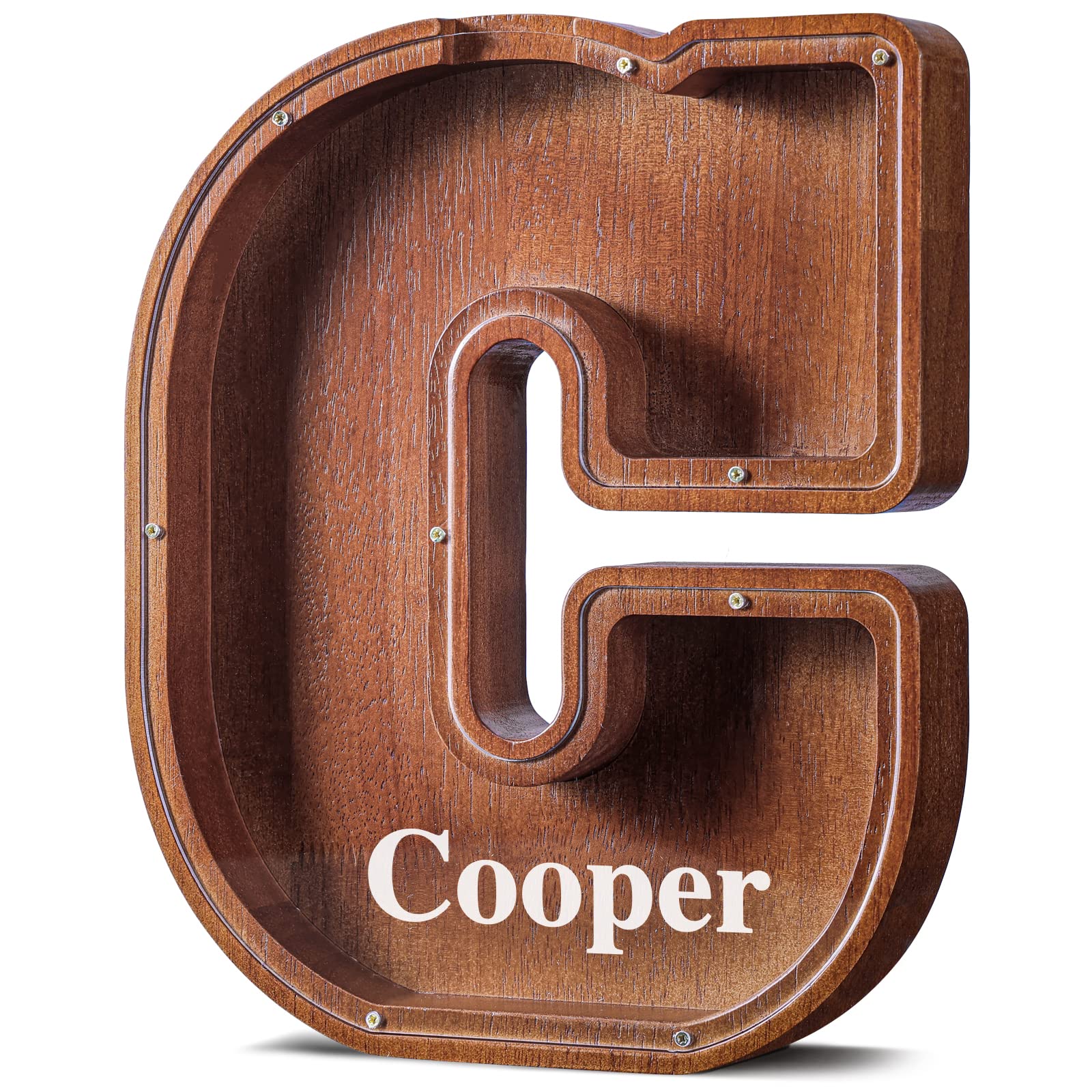 Summidate Customized Name Extra Large Wooden Letter Money Box for Kids Boys Initial Alphabets Piggy Bank A-Z Coins Bills Money Change Bank on Clear Cover (Laser Engraved) Decor Educational Toys