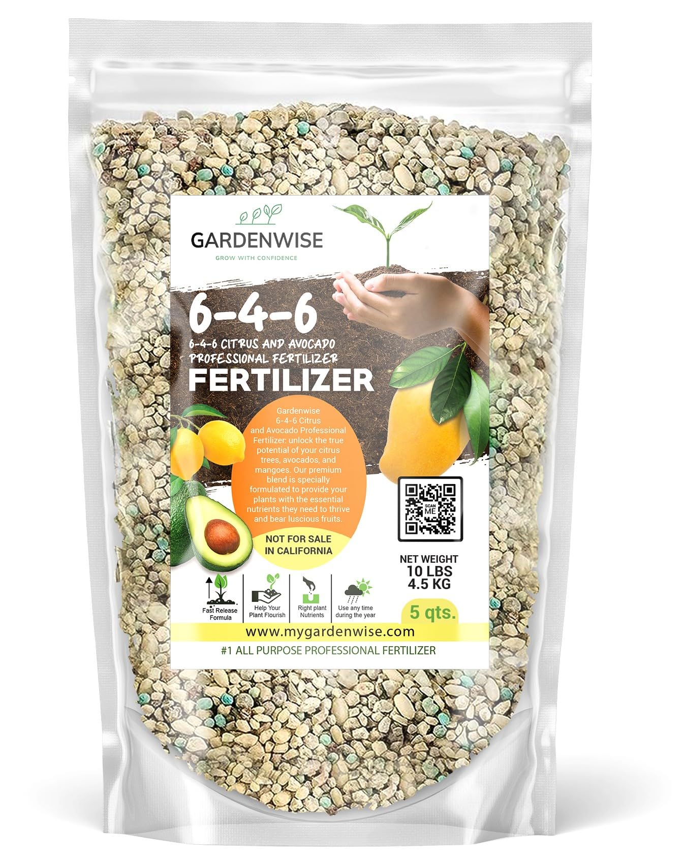 Gardenwise 6-4-6 Avocado and Citrus Tree Professional Fertilizer Plant Food for Outdoor/Indoor Gardening; Quick-Release Nitrogen Fertilizer; Orange,